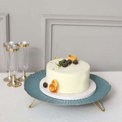 Metal Round Serving Tray 12" in Dusty Blue Floral Pattern with Gold Wavy Rim, Pedestal Dessert Display with Hairpin Legs