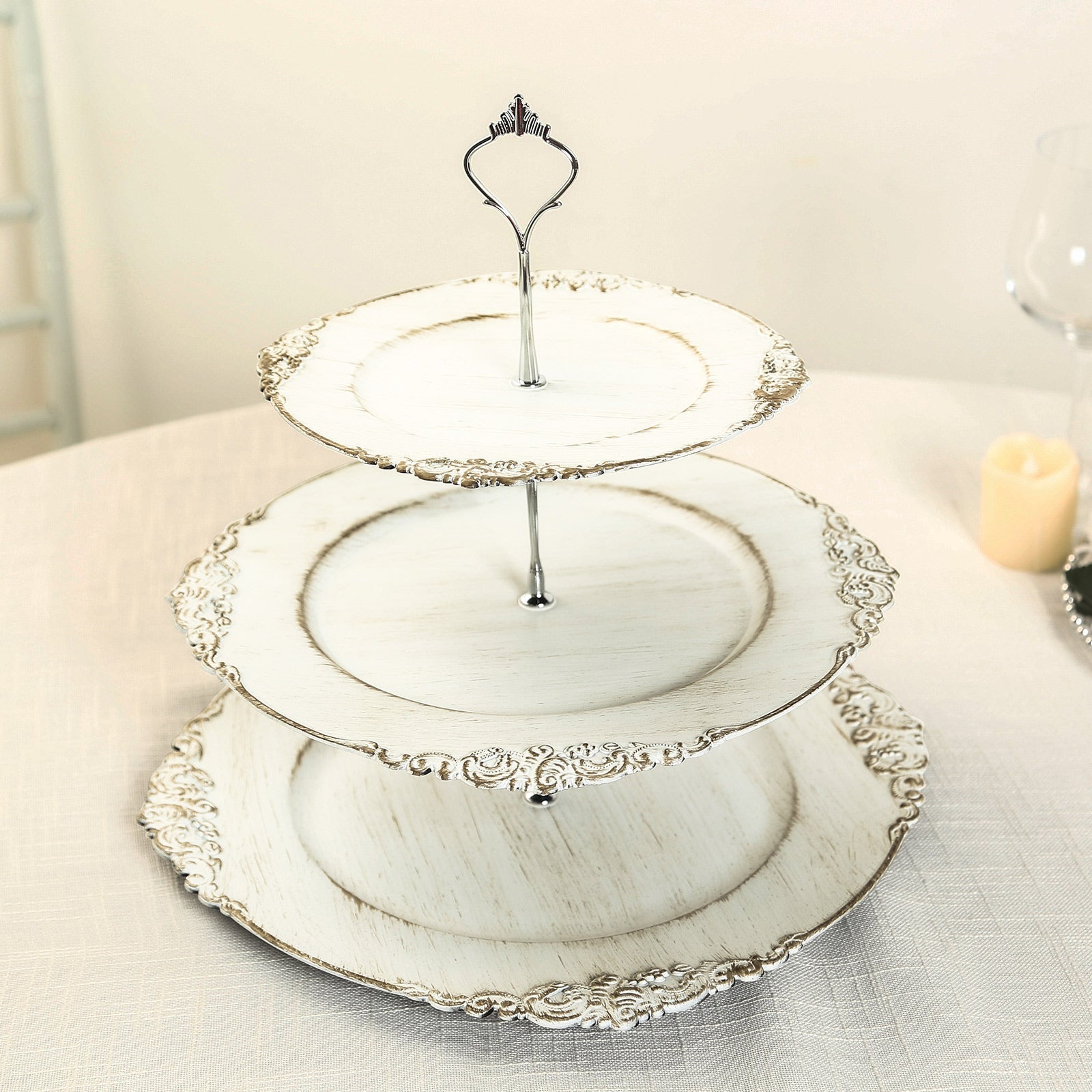 3-Tier Plastic Round Cupcake Stand Whitewashed - Vintage-Inspired Reusable Dessert Display Holder Tea Party Serving Tray Platter with Antique Gold Baroque Rim & Top Handle 13"