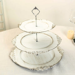 3-Tier Plastic Round Cupcake Stand Whitewashed - Vintage-Inspired Reusable Dessert Display Holder Tea Party Serving Tray Platter with Antique Gold Baroque Rim & Top Handle 13"