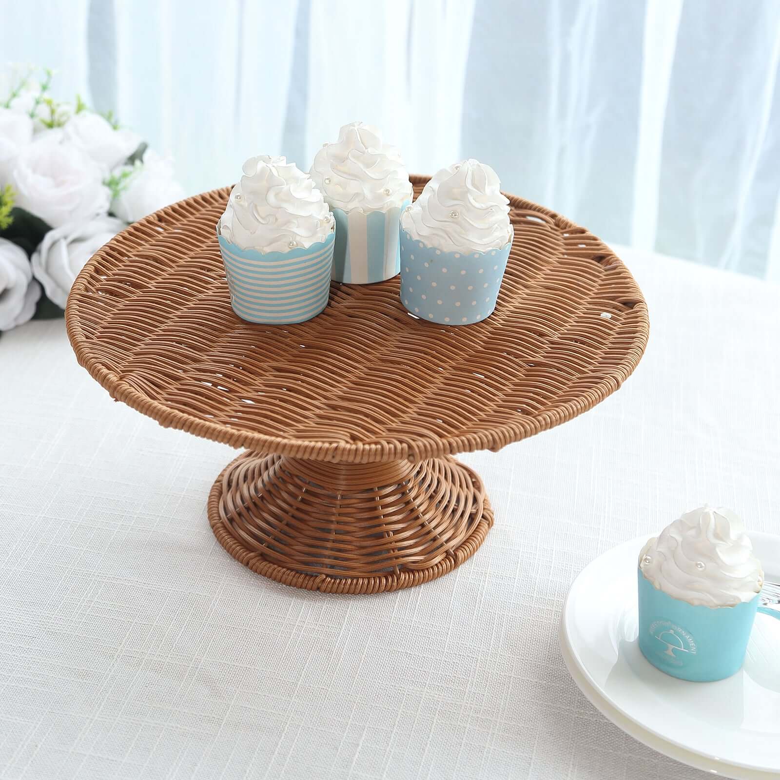 Plastic Round Rattan Wicker Pedestal Cake Stand Natural - Reusable Rustic Cupcake Holder Dessert Table Display Centerpiece for Home Parties & Events 12"