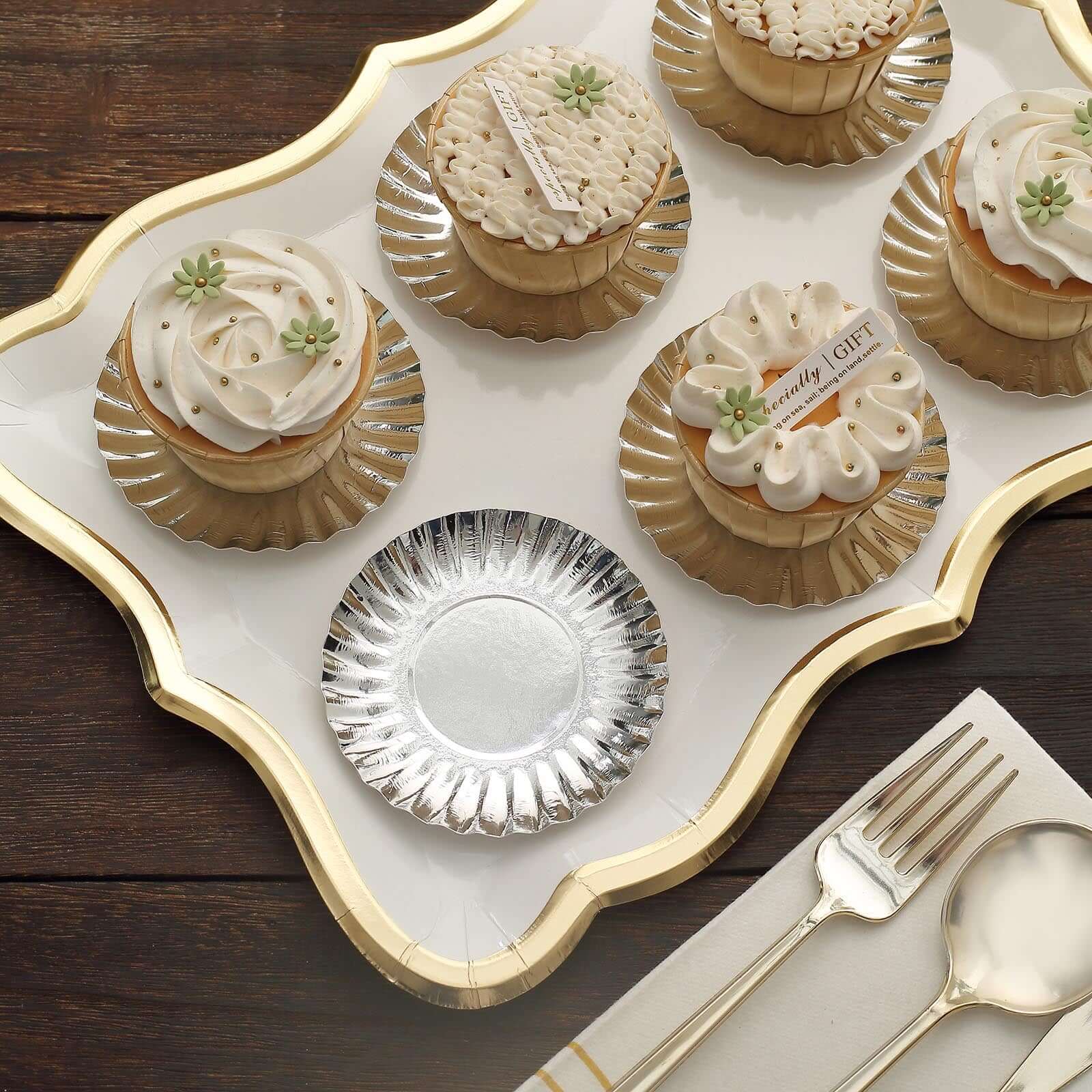 50-Pack Paper 3.5" Round Party Plates in Metallic Silver with Scalloped Rim - Disposable Mini 250GSM Dessert Plates for Tapas, Appetizers & Finger Foods