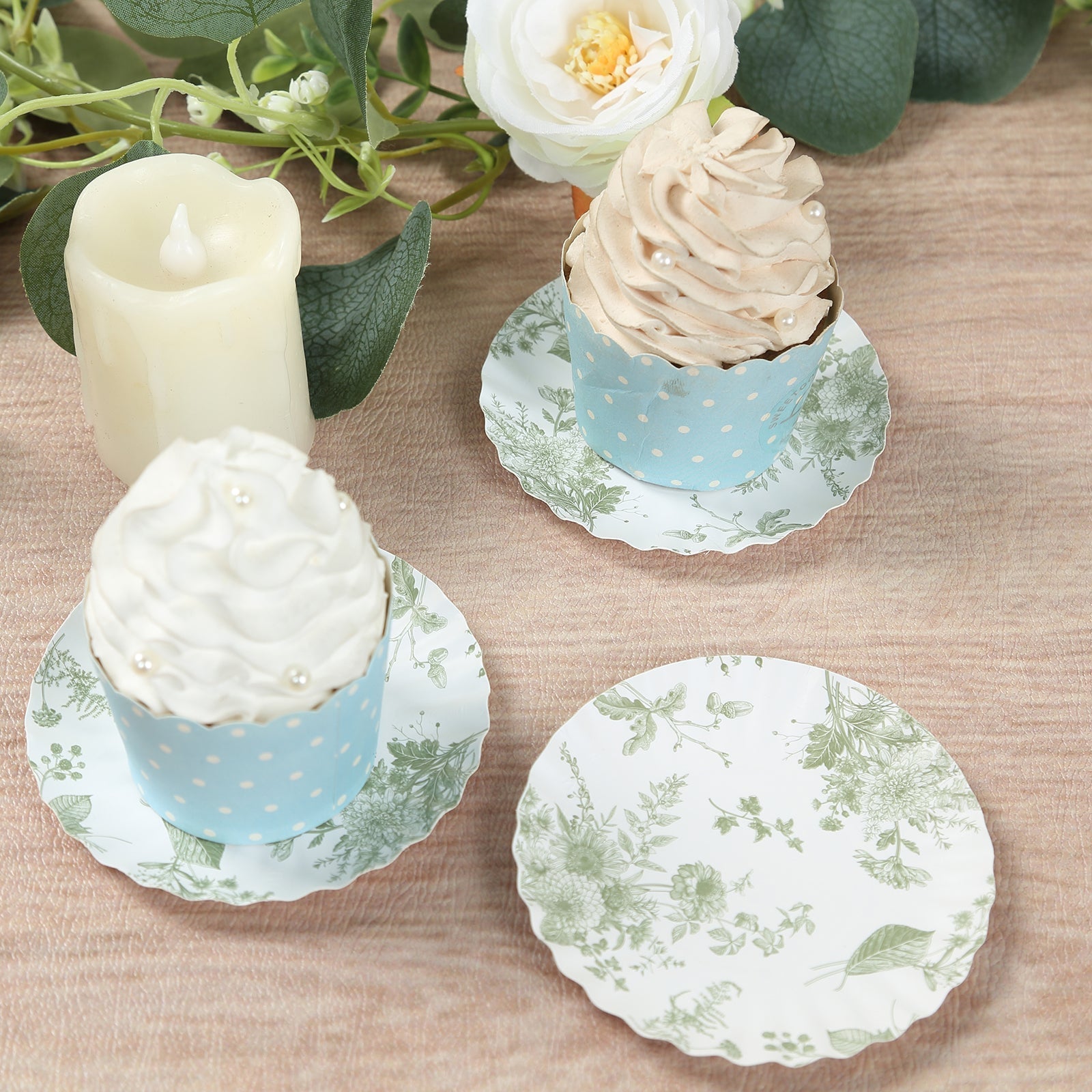 100-Pack Paper 3.5" Round Plates in White with Sage Green French Toile Design & Scalloped Rim - Disposable Mini 250GSM Dessert Party Plates for Tapas, Appetizers & Finger Foods