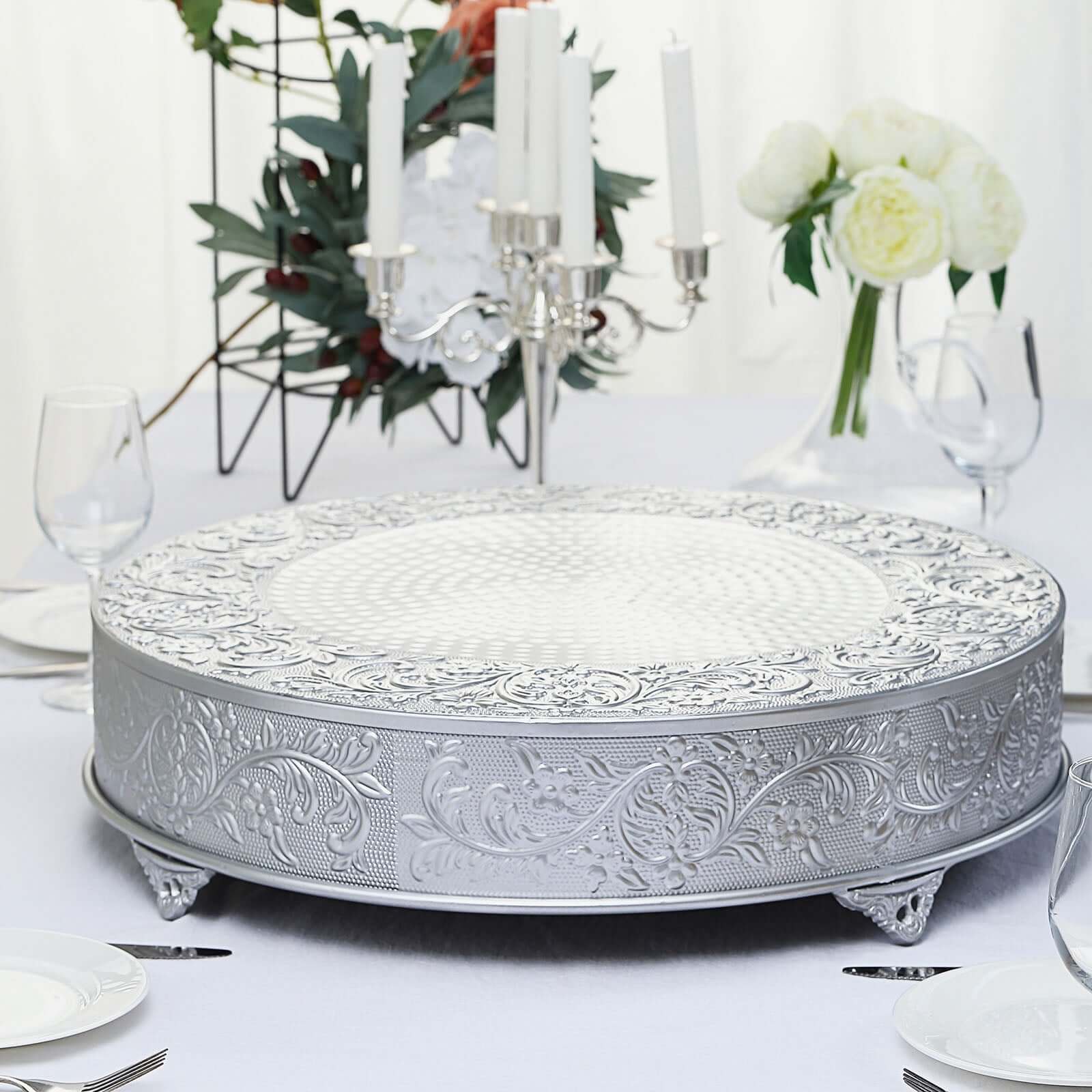 Metal 22" Round Cake Pedestal Stand Matte Silver - Cupcake Dessert Display Riser with Intricate Embossed Design for Upscale Events & Gatherings