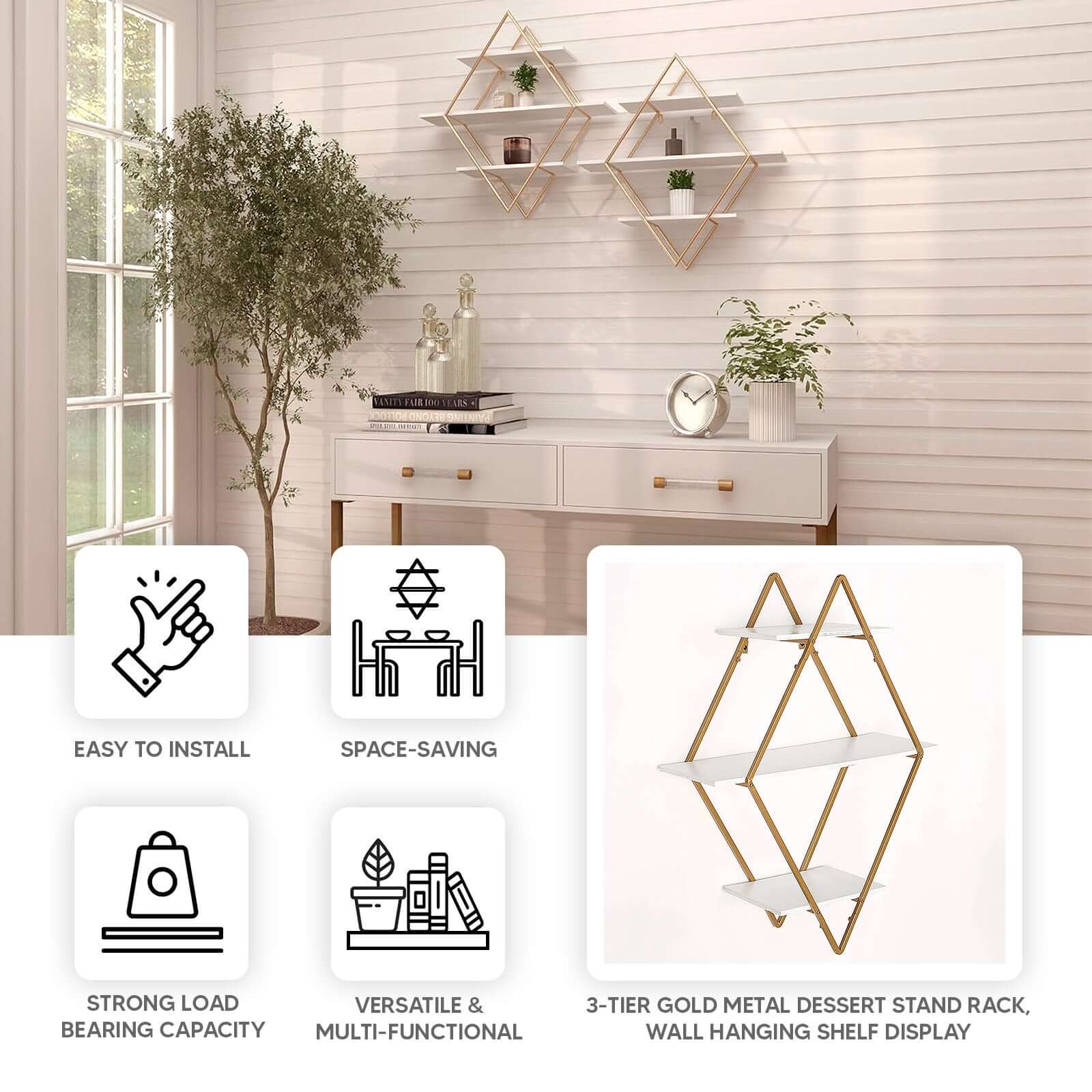 31" Geometric Diamond Shaped 3-Tier Gold Metal Dessert Cupcake Stand Rack, Wall Hanging Display Shelf Display, Book Shelf With White Wood Panels
