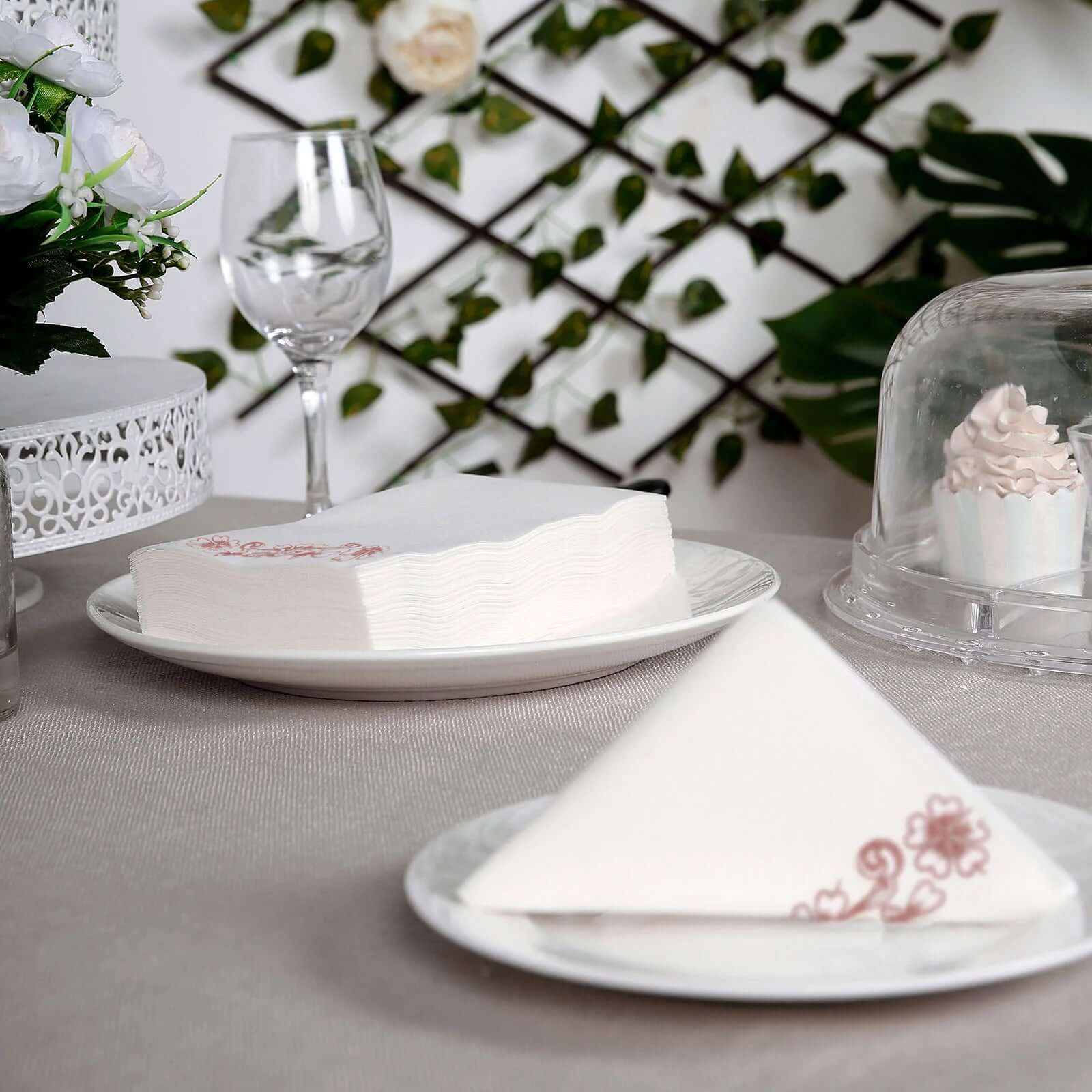 20 Pack White Linen-Feel Dinner Paper Napkins with Rose Gold Floral Print, Premium Cloth-Like Airlaid Disposable Napkins, Soft and Absorbent Guest Towels