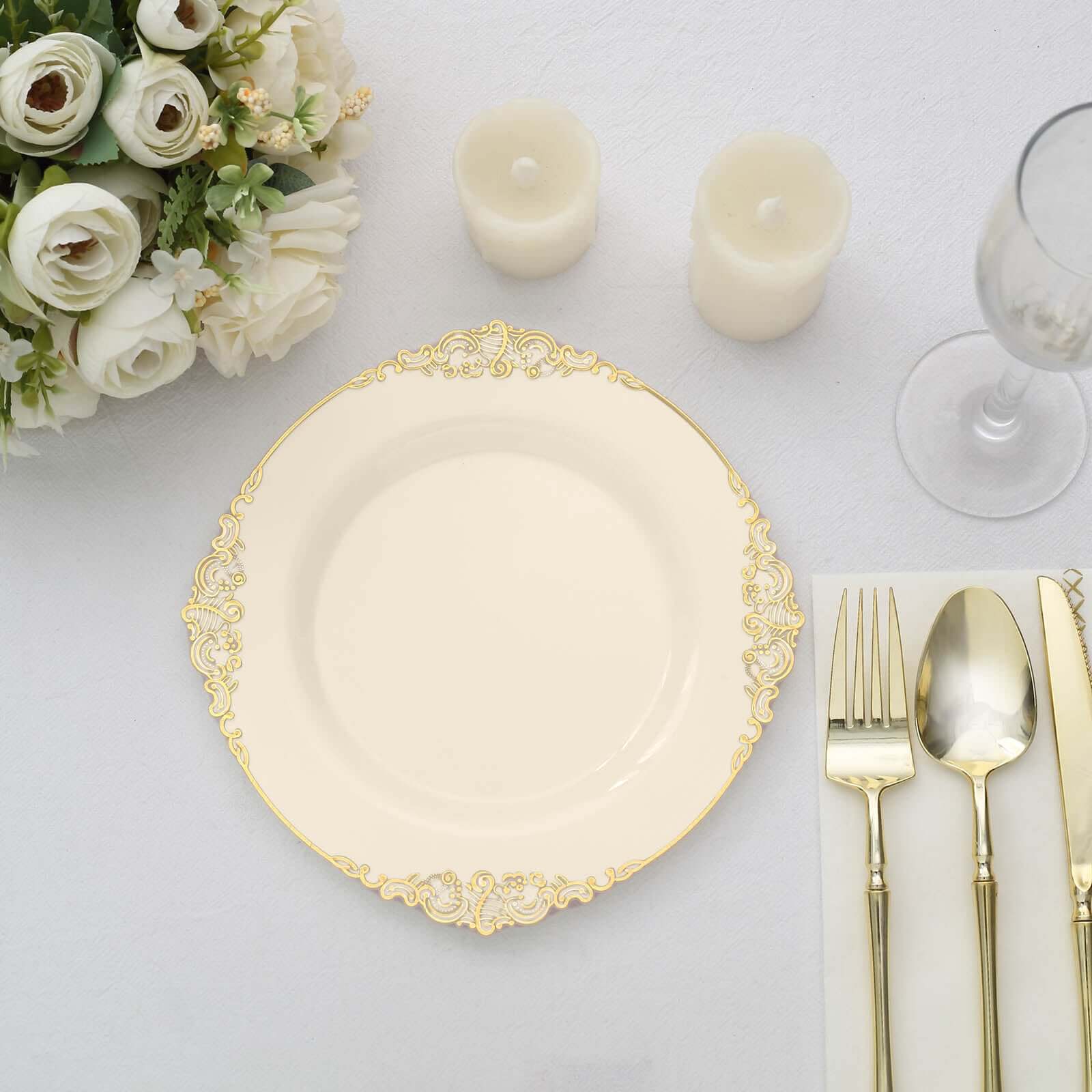 10-Pack Plastic 8" Round Dessert Plates in Ivory with Gold Leaf Embossed Rim - Disposable Vintage Baroque Style Salad Plates
