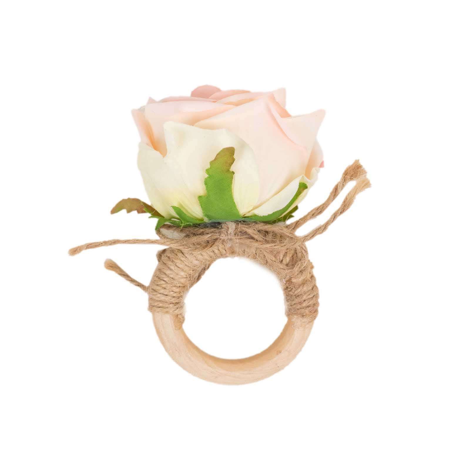 4 Pack Blush Artificial Rose Flower Wooden Napkin Holders, Farmhouse Country Floral Napkin Rings - 4"