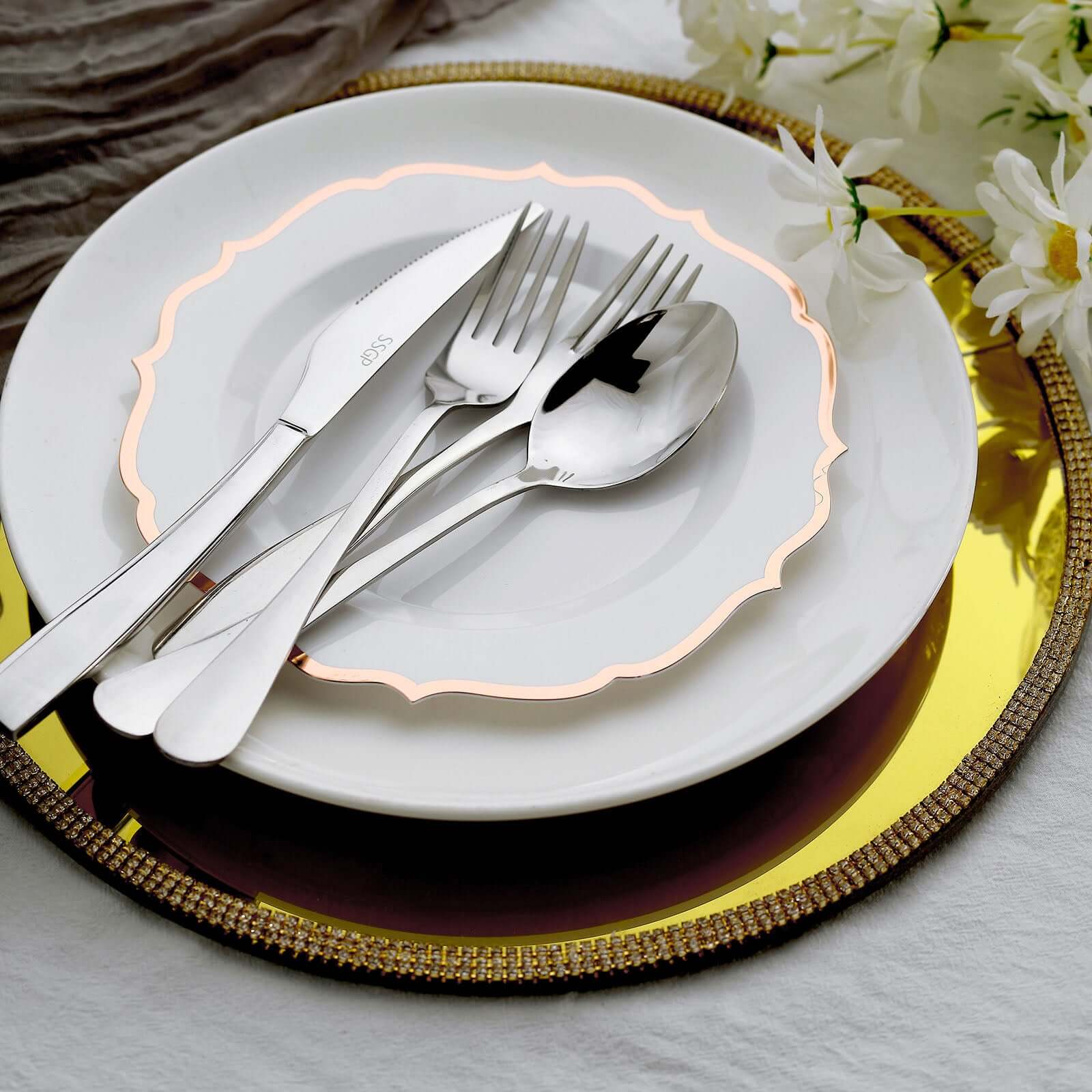 10-Pack Plastic 8" Round Desert Plates in White with Rose Gold Scalloped Rim - Disposable Appetizer/Salad Plates