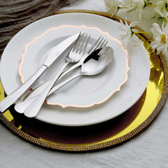 10-Pack Plastic 8" Round Desert Plates in White with Rose Gold Scalloped Rim - Disposable Appetizer/Salad Plates