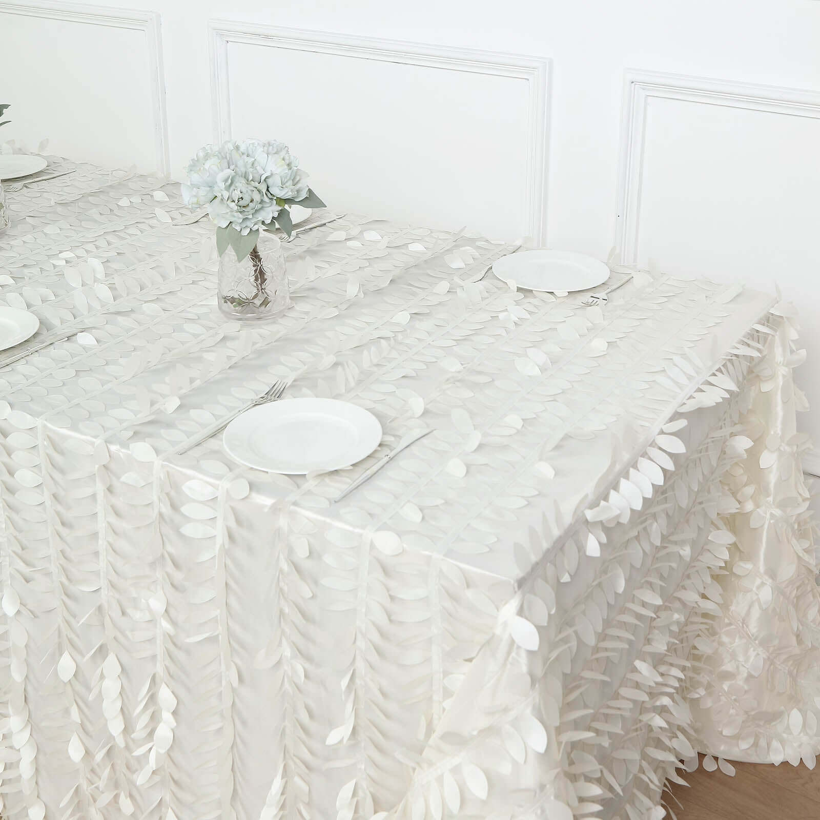 Taffeta 90"x156" Rectangle Tablecloth Ivory | 3D Leaf Petal Design Seamless Table Cover