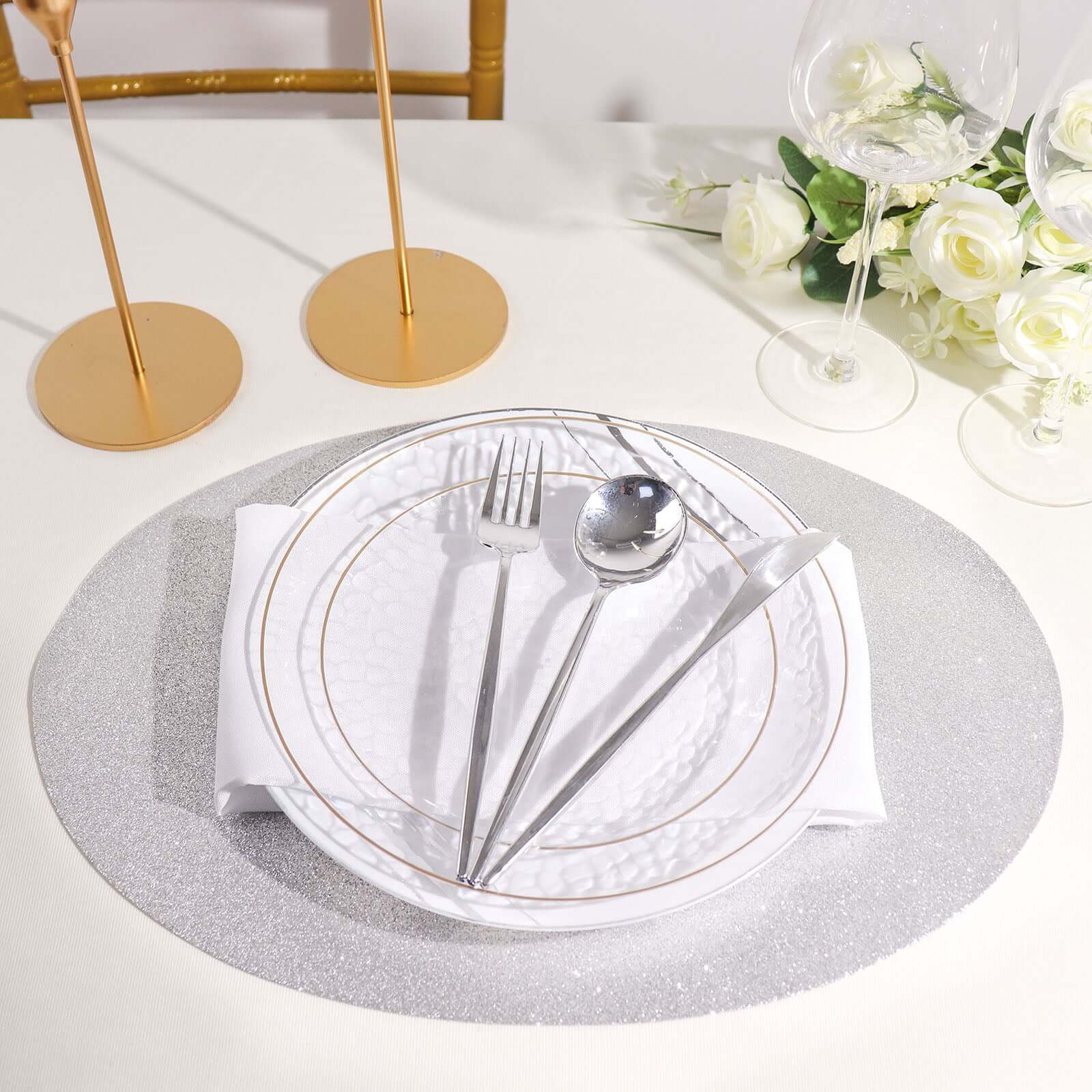 6-Pack Placemats Glitter Design Silver Sparkle Oval - Non-Slip Decorative Table Mats for Dining 12"x18"