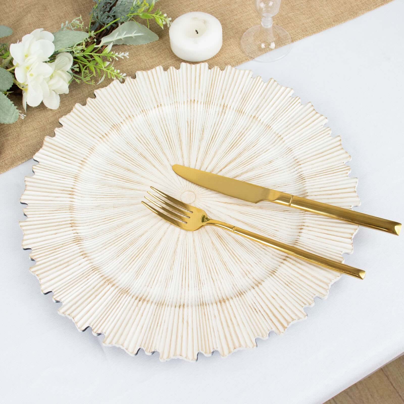 6-Pack Acrylic Plastic Round Charger Plates 13" in Washwhite with Sunray Scalloped Rim, Decorative Dinner Party Charger Tableware