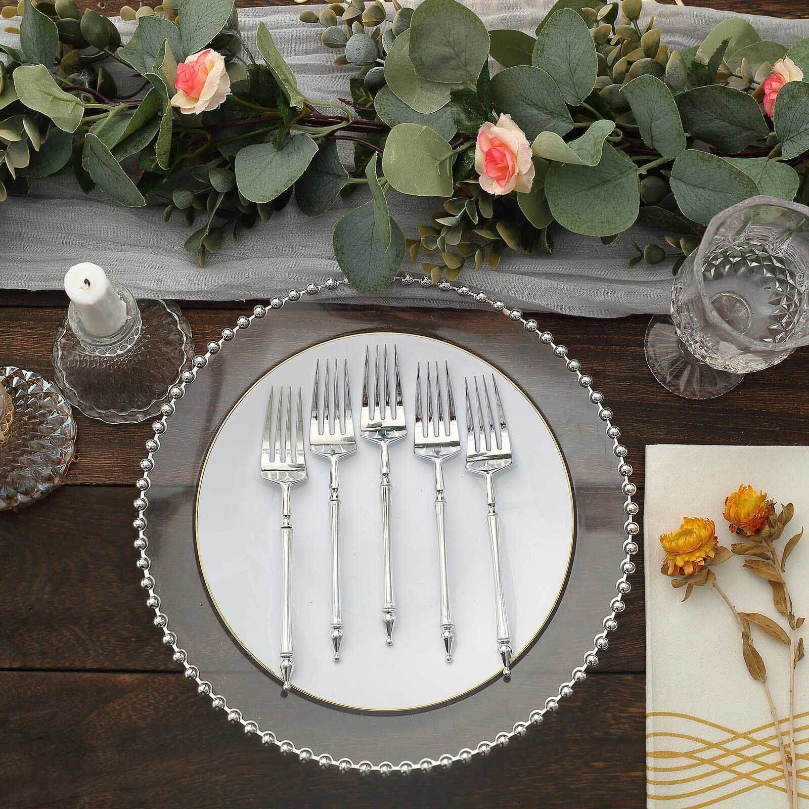 24-Pack Plastic Dessert Forks with Roman Column Handle Silver - European Style Disposable Utensils 6"