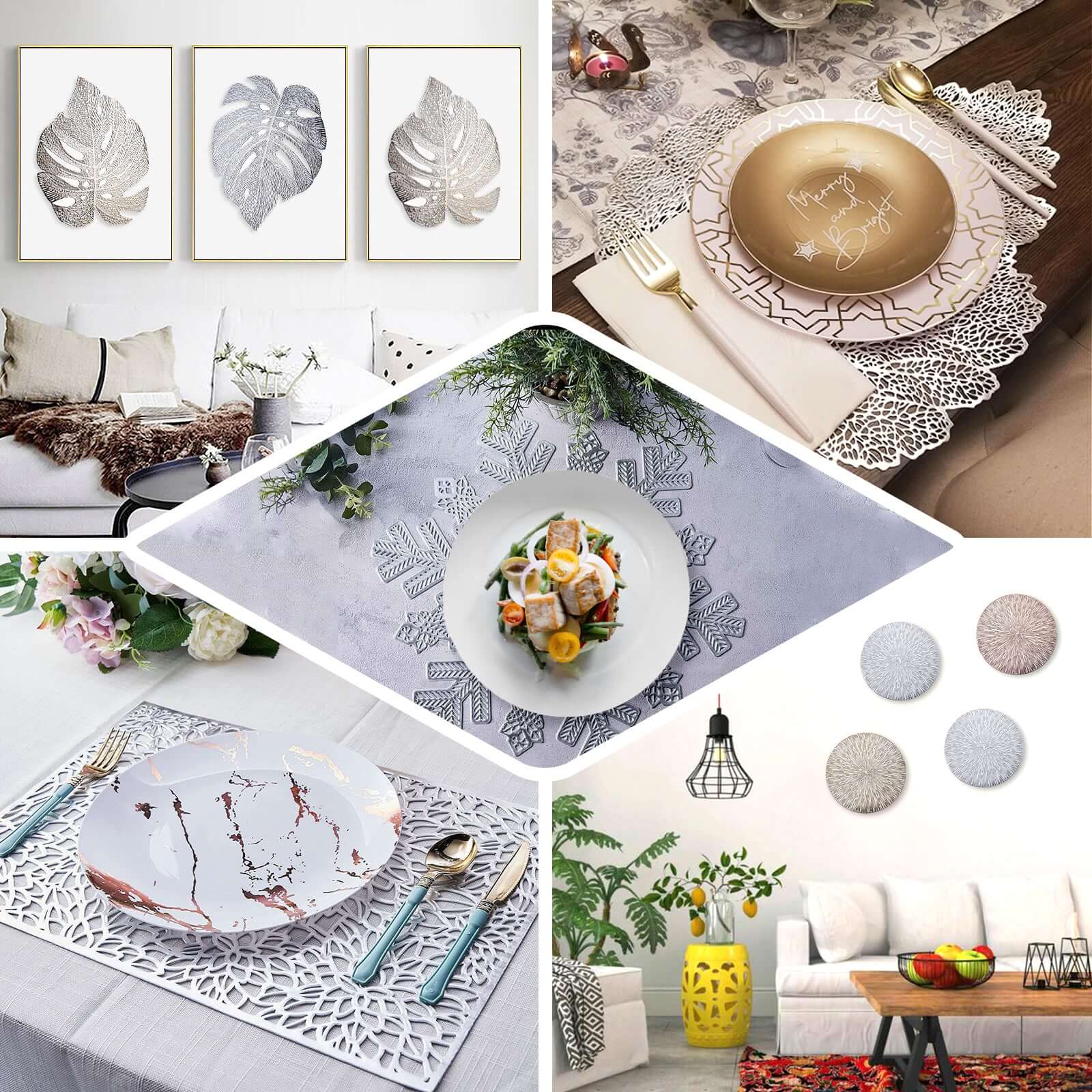 6-Pack Dining Table Mats Floral Lace Design Gold - Vinyl Non-Slip Surface with Vintage Appeal 15"