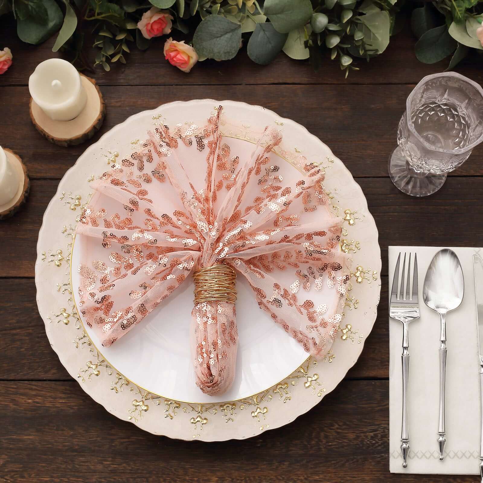 Sequin Tulle 20"x20" Napkin Rose Gold - Embroidered Leaf Vine Dinner Napkins
