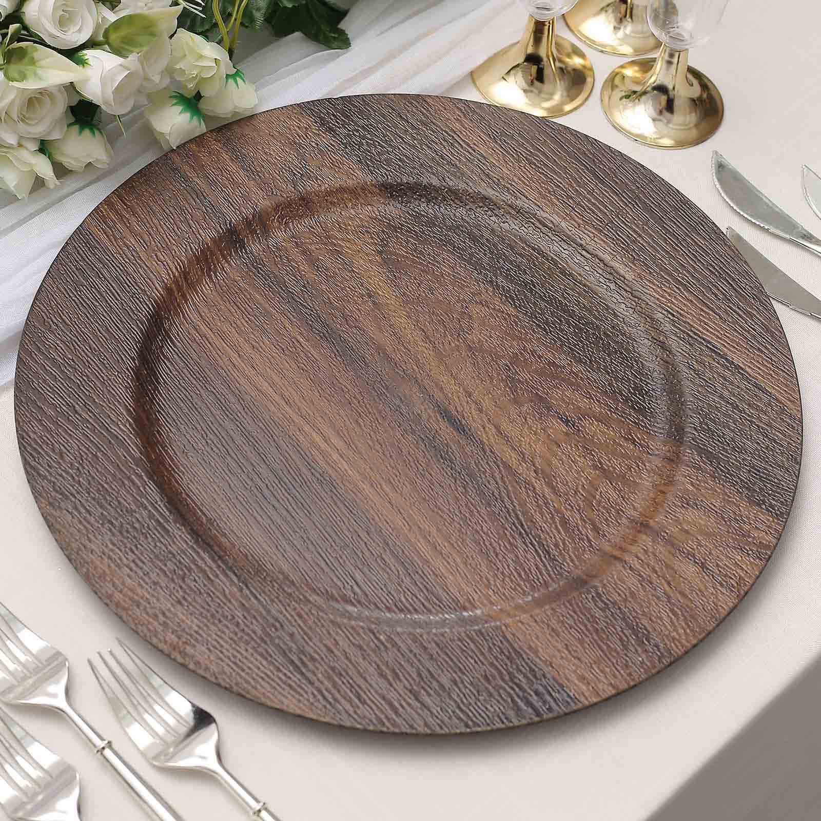 6-Pack Plastic Round Charger Plates 13" in Dark Brown with Faux Wood Finish, Rustic Boho Chic Dinner Party Charger Tableware