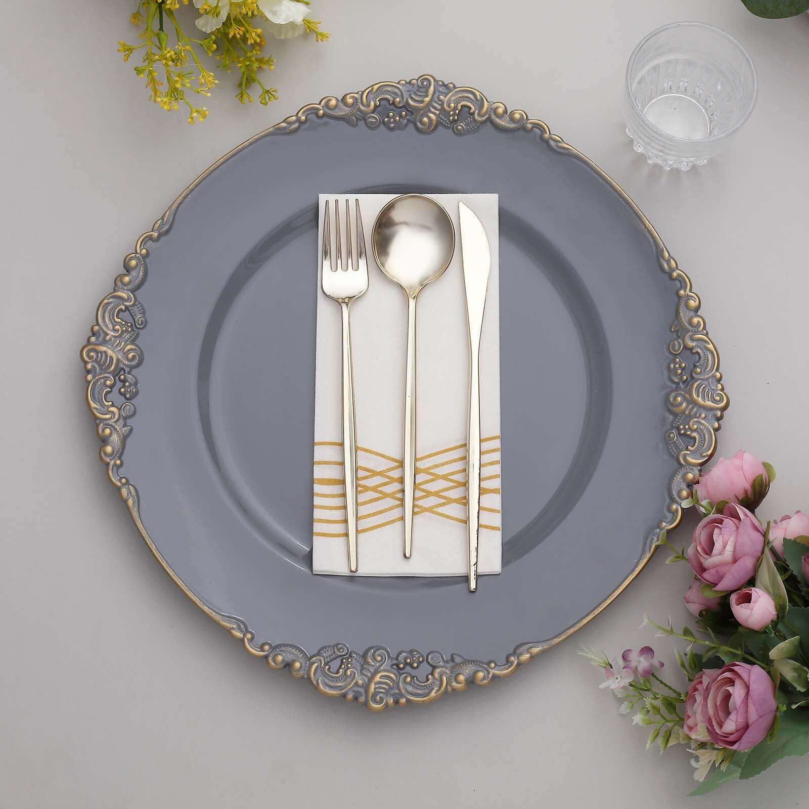 6-Pack Acrylic Round Charger Plates 13" in Charcoal Gray with Gold Embossed Baroque Rim, Antique Decorative Dinner Party Charger Tableware