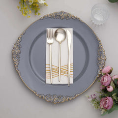 6-Pack Acrylic Round Charger Plates 13" in Charcoal Gray with Gold Embossed Baroque Rim, Antique Decorative Dinner Party Charger Tableware