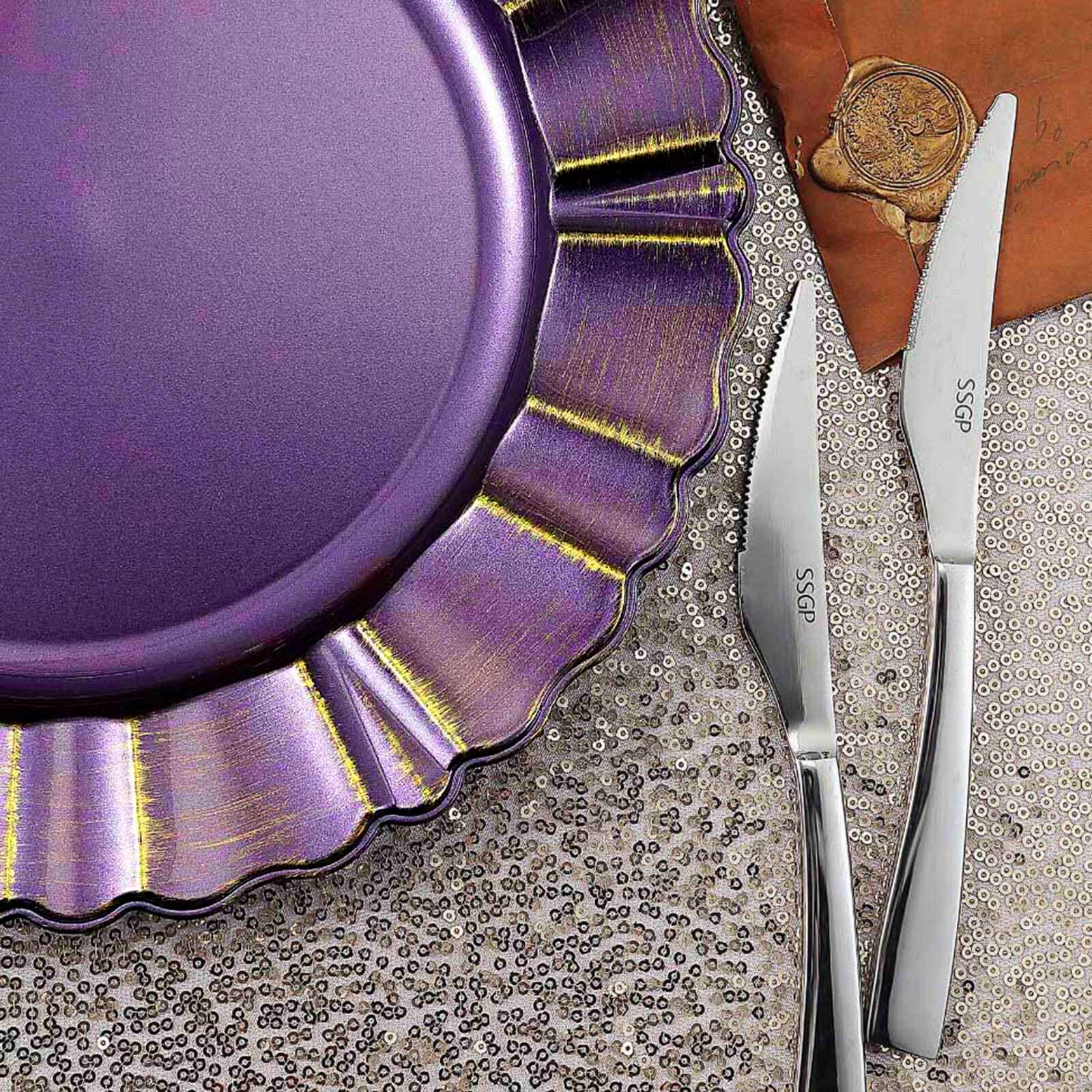 6-Pack Acrylic Plastic Round Charger Plates 13" in Purple with Gold Brushed Wavy Scalloped Rim, Decorative Dinner Party Charger Tableware