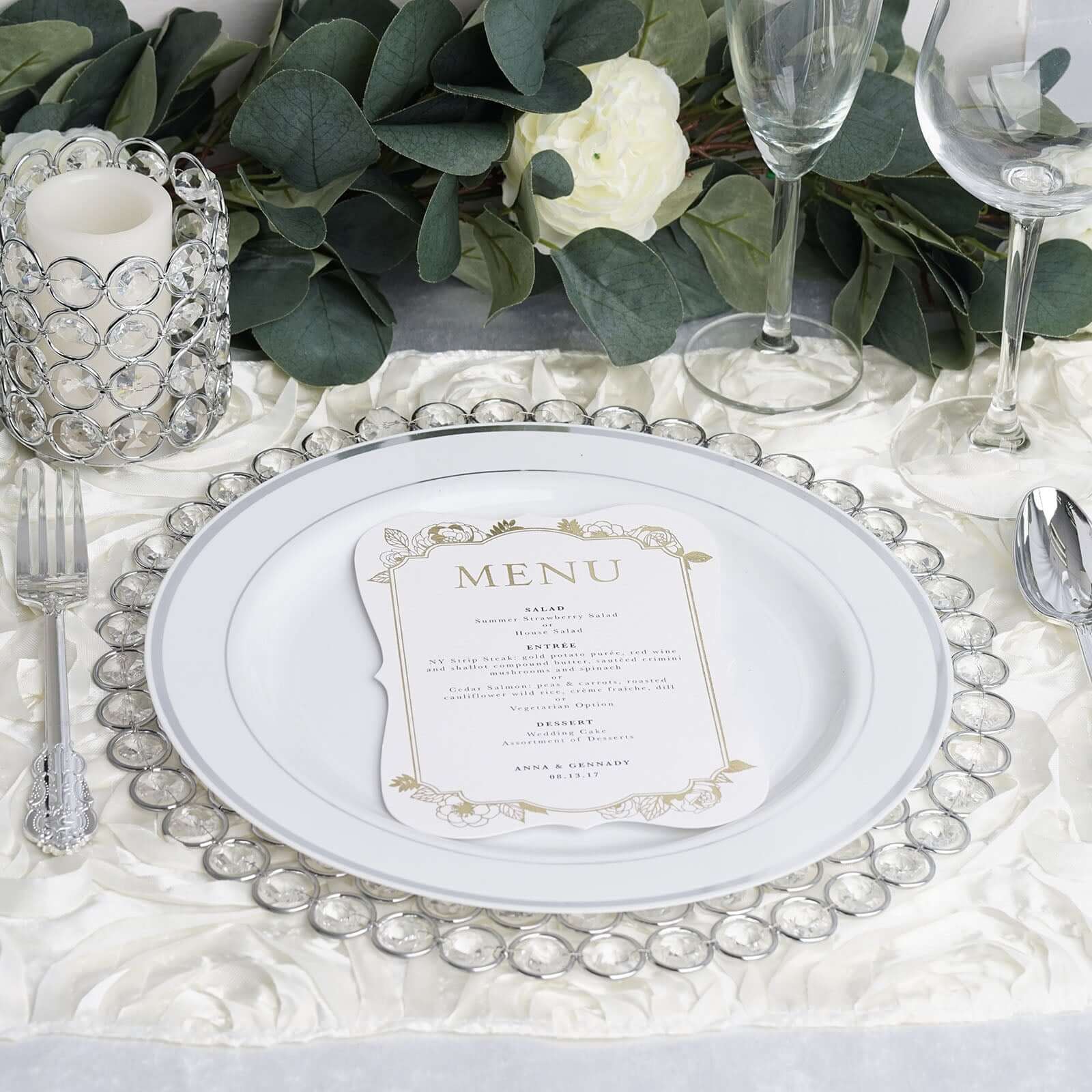 Wired Metal Round Charger Plate 14" in SIlver with Acrylic Crystal Beads, Glamorous Decorative Dinner Charger Tableware