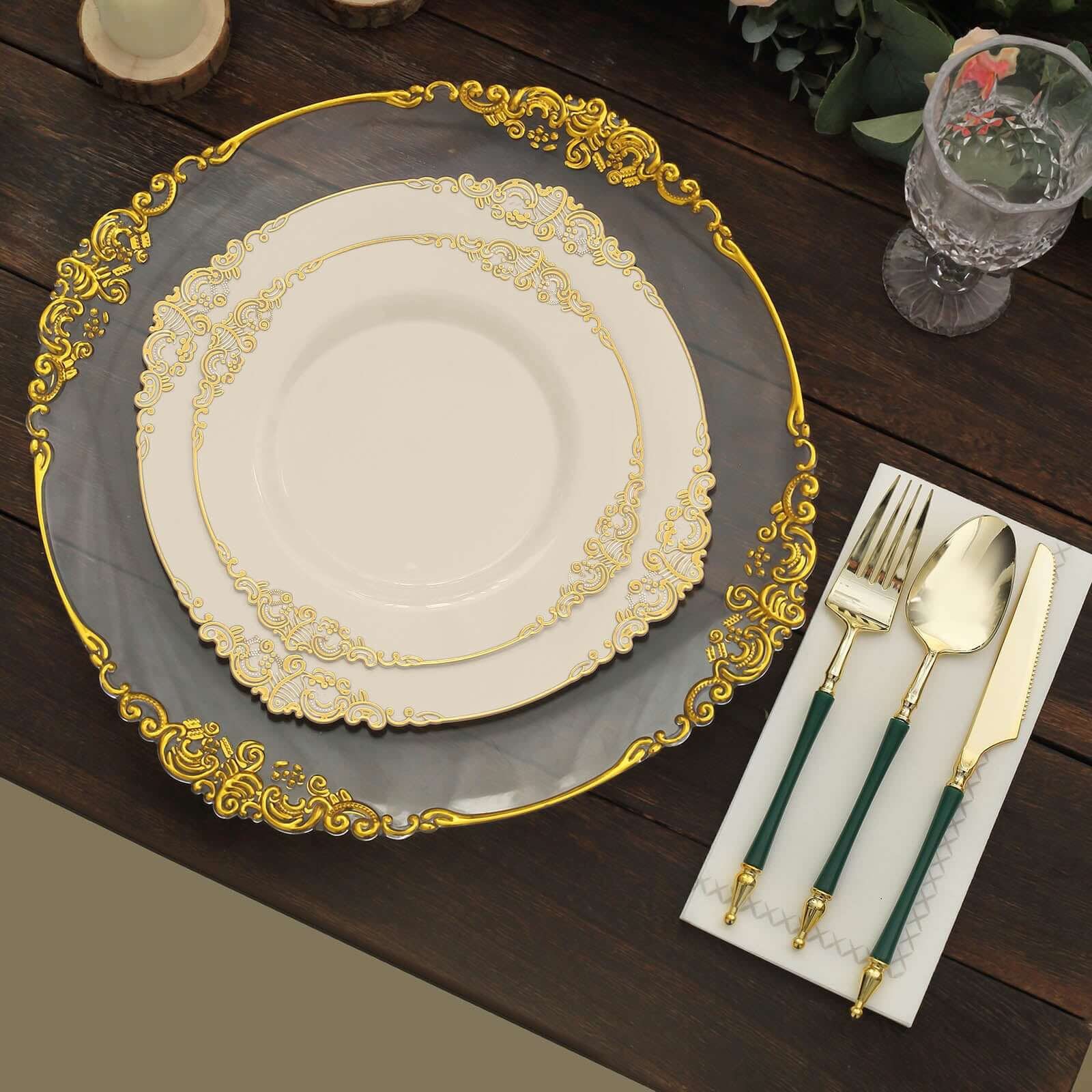 10-Pack Plastic 8" Round Dessert Plates in Ivory with Gold Leaf Embossed Rim - Disposable Vintage Baroque Style Salad Plates
