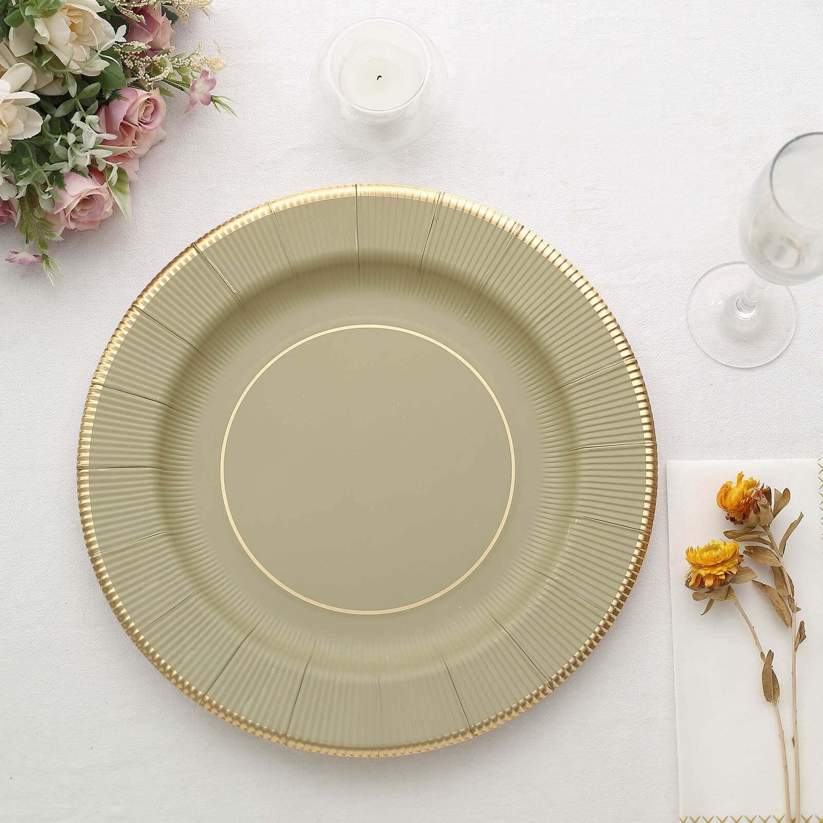 25-Pack Disposable Round Charger Plates in Khaki Sunray Design with Gold Rim - 350GSM Heavy Duty Paper Chargers 13"