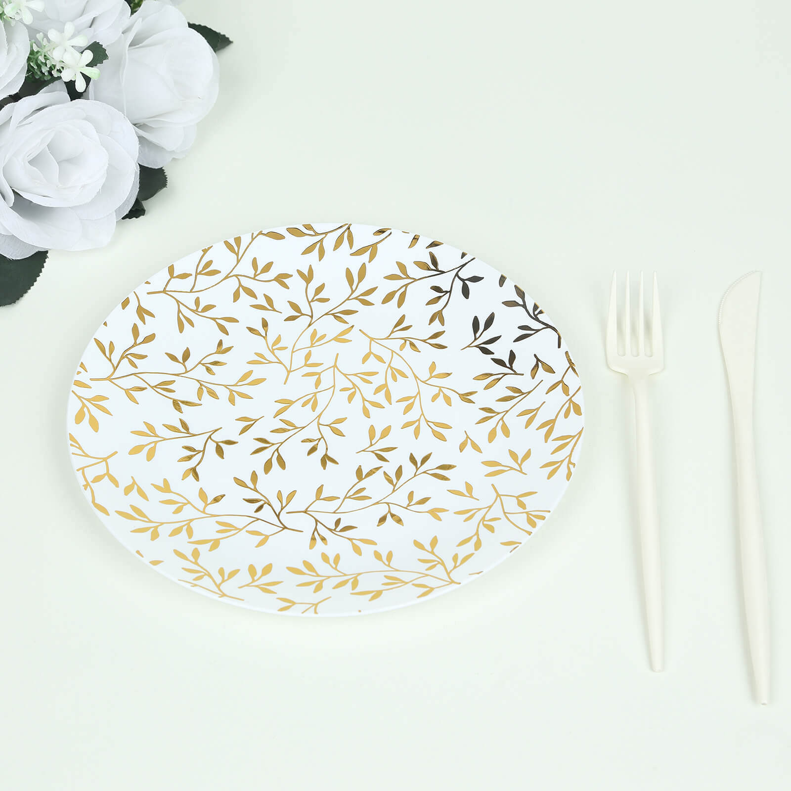 10-Pack Plastic 8" Round Salad Dessert Plates in White with Gold Leaf Design - Heavy Duty Disposable Party Plates for Stylish Events & Memorable Gatherings