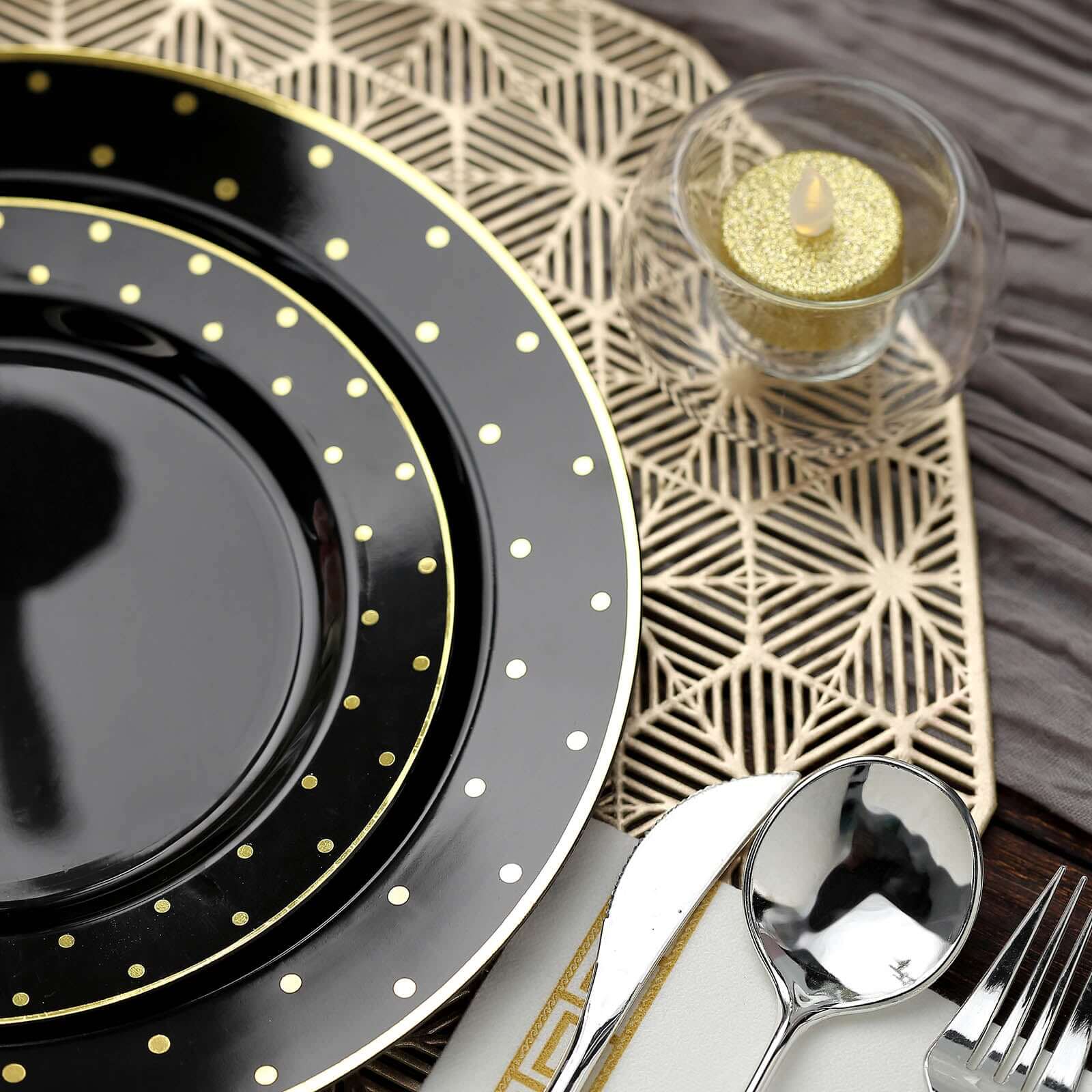 10 Pack 7.5" Black With Gold Dot Rim Plastic Dessert Plates, Round Salad Disposable Tableware Plates