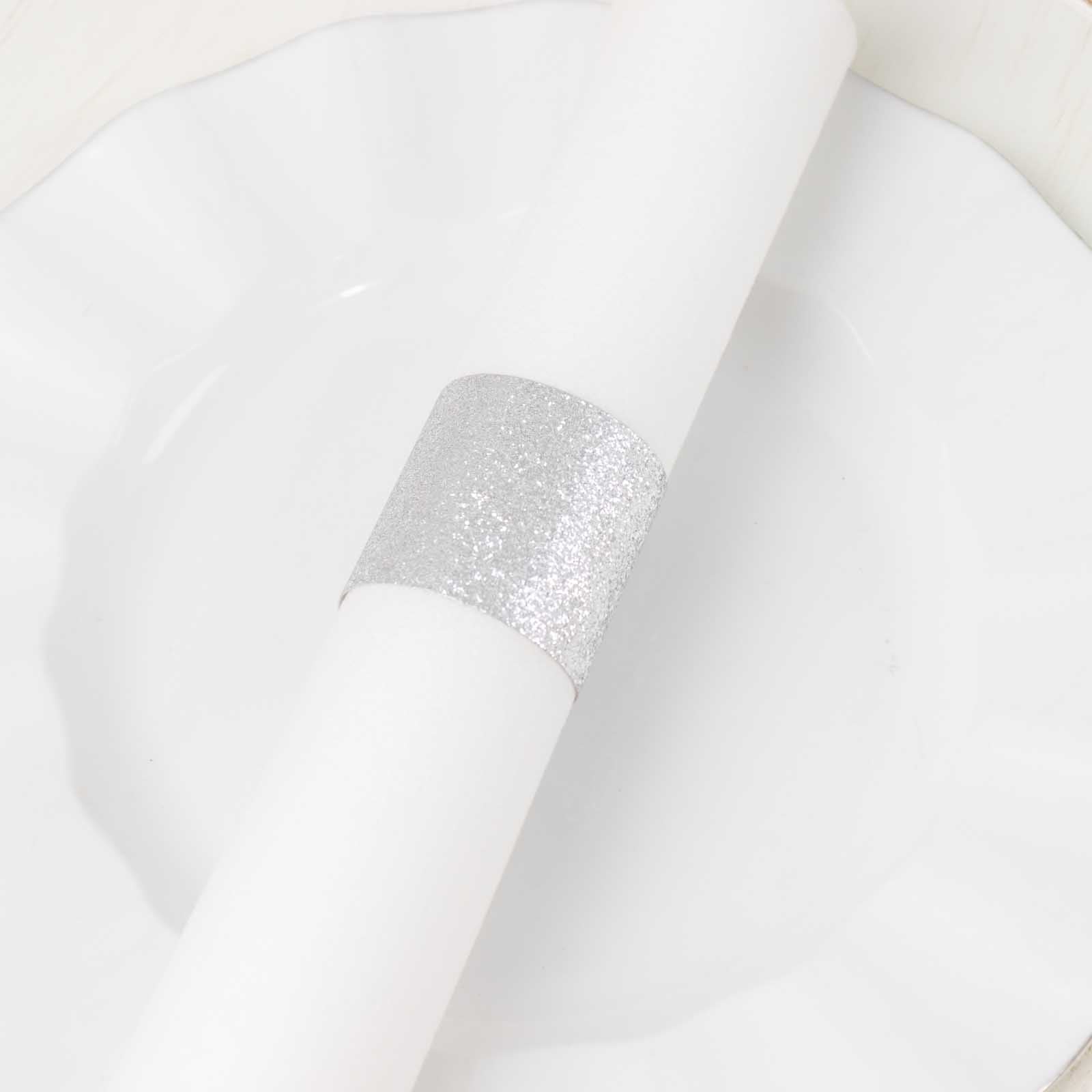 50-Pack Paper Napkin Rings Silver Glitter - Stylish Disposable Napkin Holders 1.5"