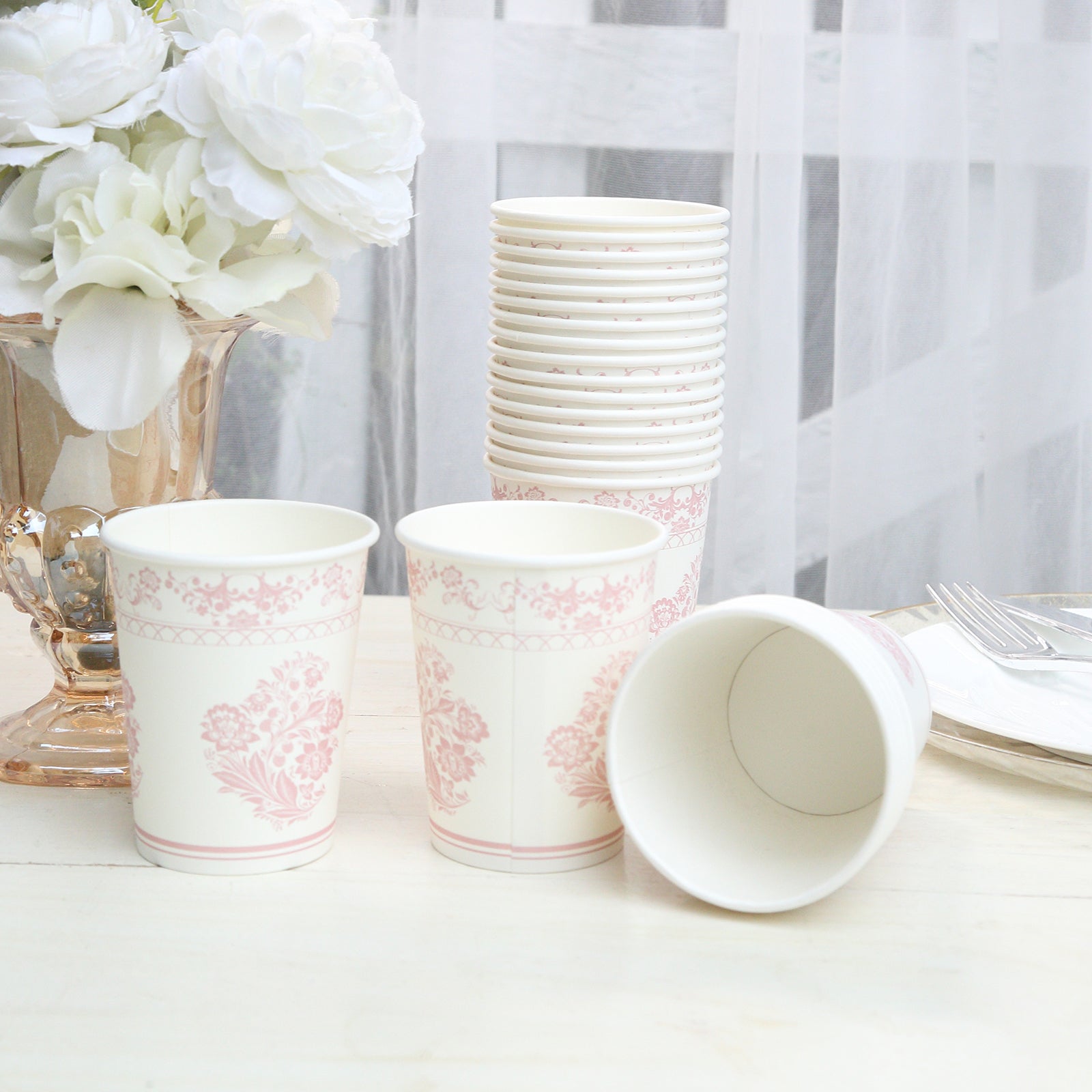 24 Pack Disposable Paper Cups in White Pink French Toile Pattern, Elegant Party Cups - 9oz