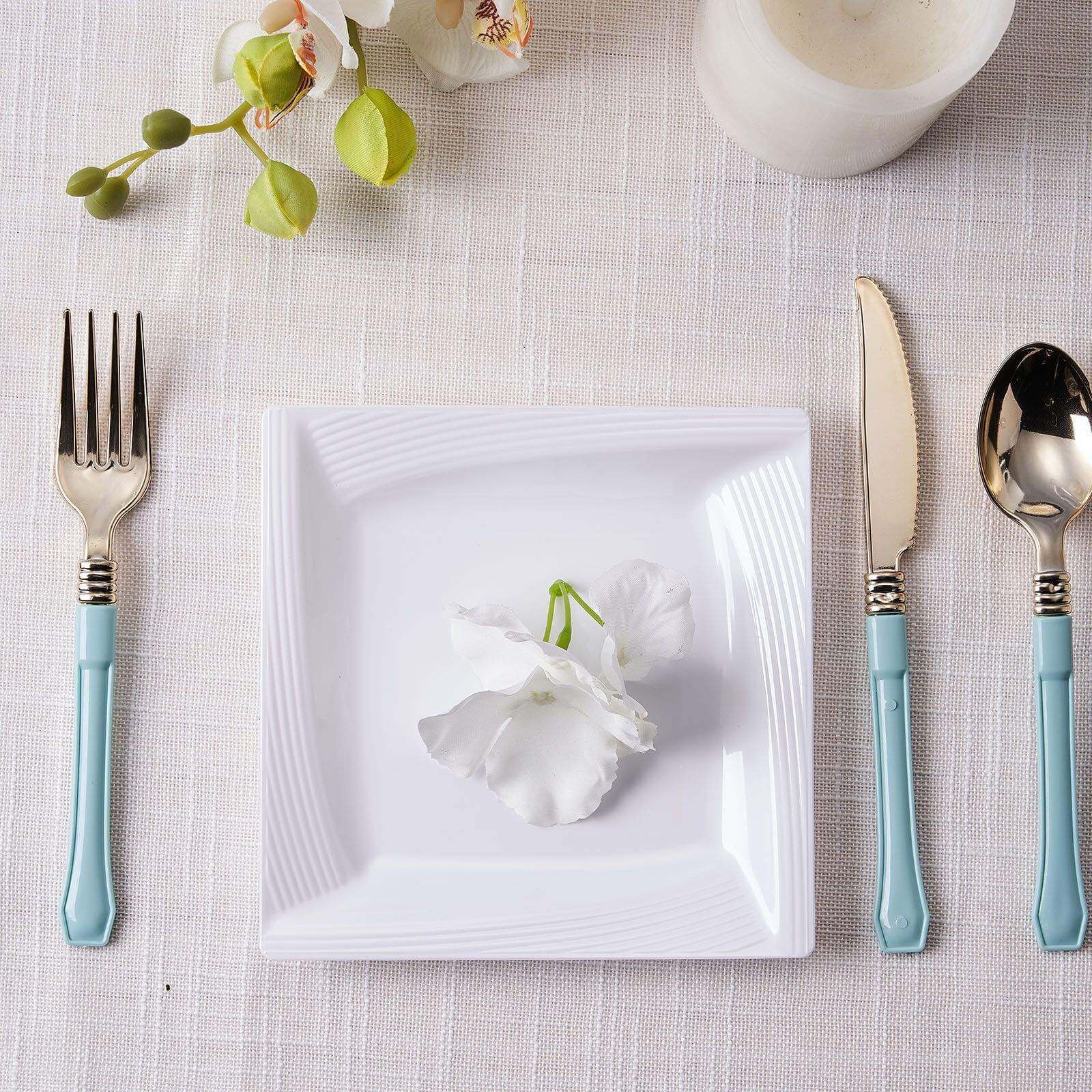 10-Pack Plastic 6" Square Dessert Plates in White with Geometric Ridge Trim - Disposable Appetizer Salad Plates for Stylish Gatherings & Celebrations