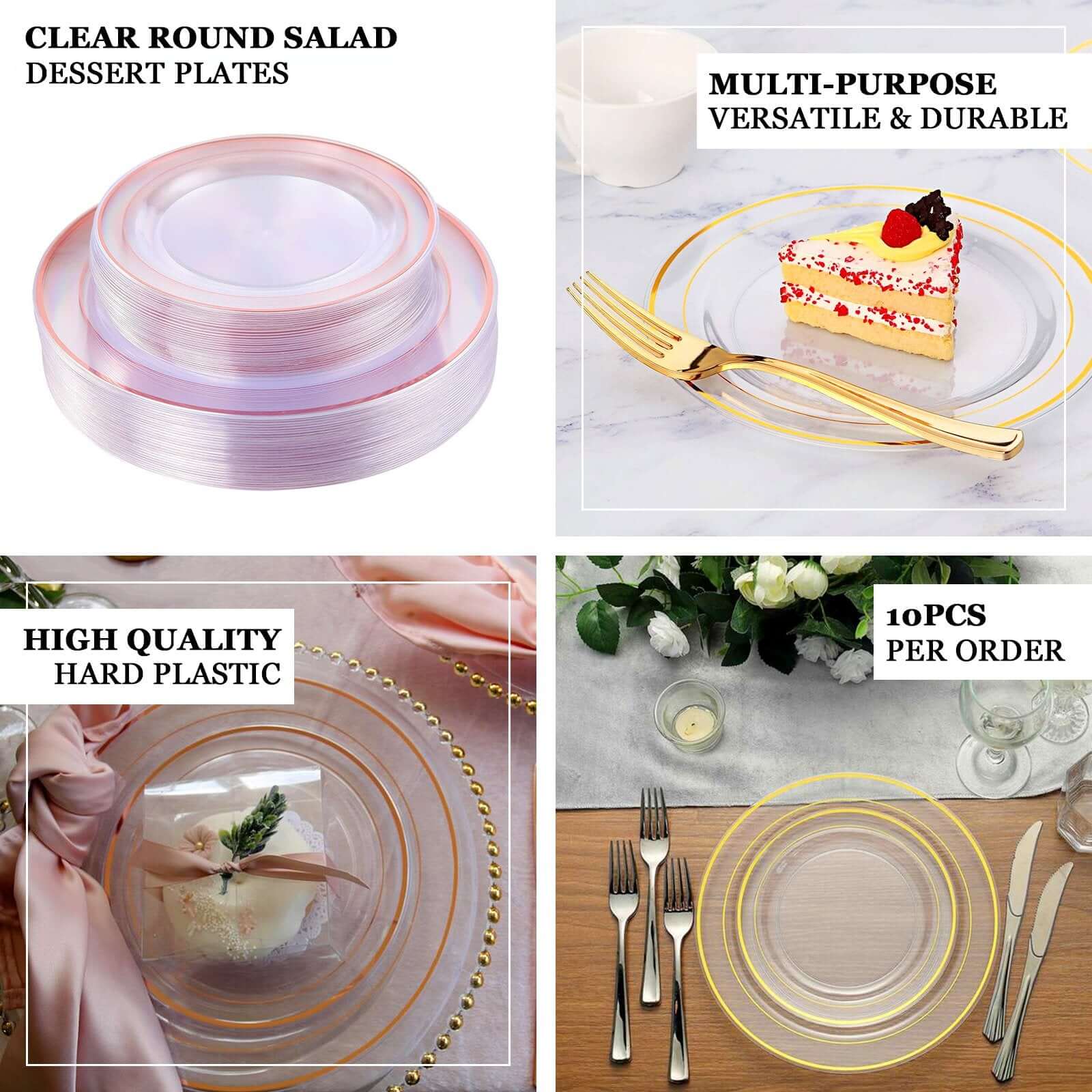 10-Pack Plastic Dinner Plates Clear with Très Chic Gold Rim - Perfect Disposable Party Plates 10"