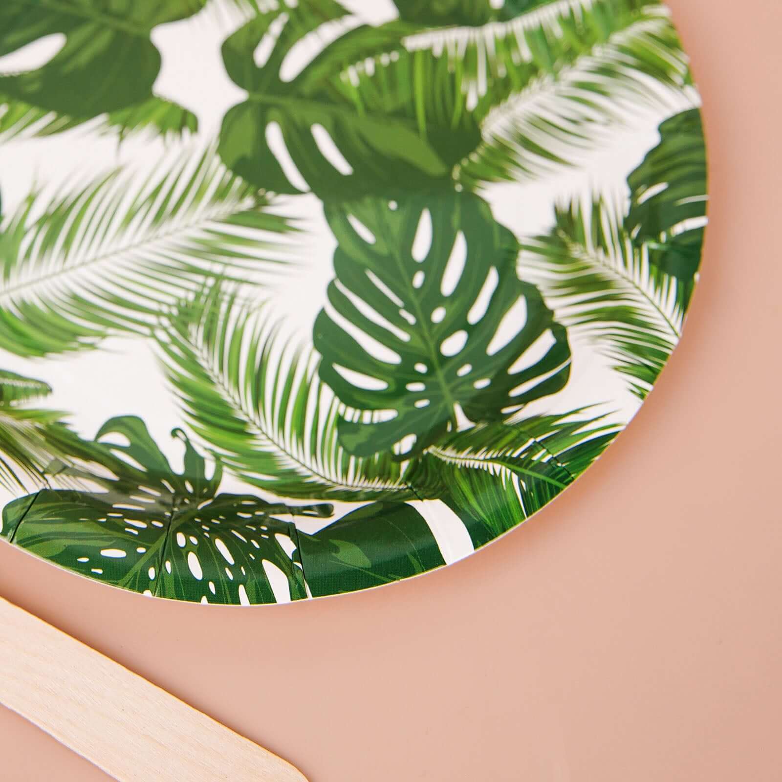 25-Pack Paper 7" Round Dessert Plates in White with Tropical Palm Leaf Design - Disposable 300GSM Appetizer Salad Plates for Boho Chic & Jungle Themed Events