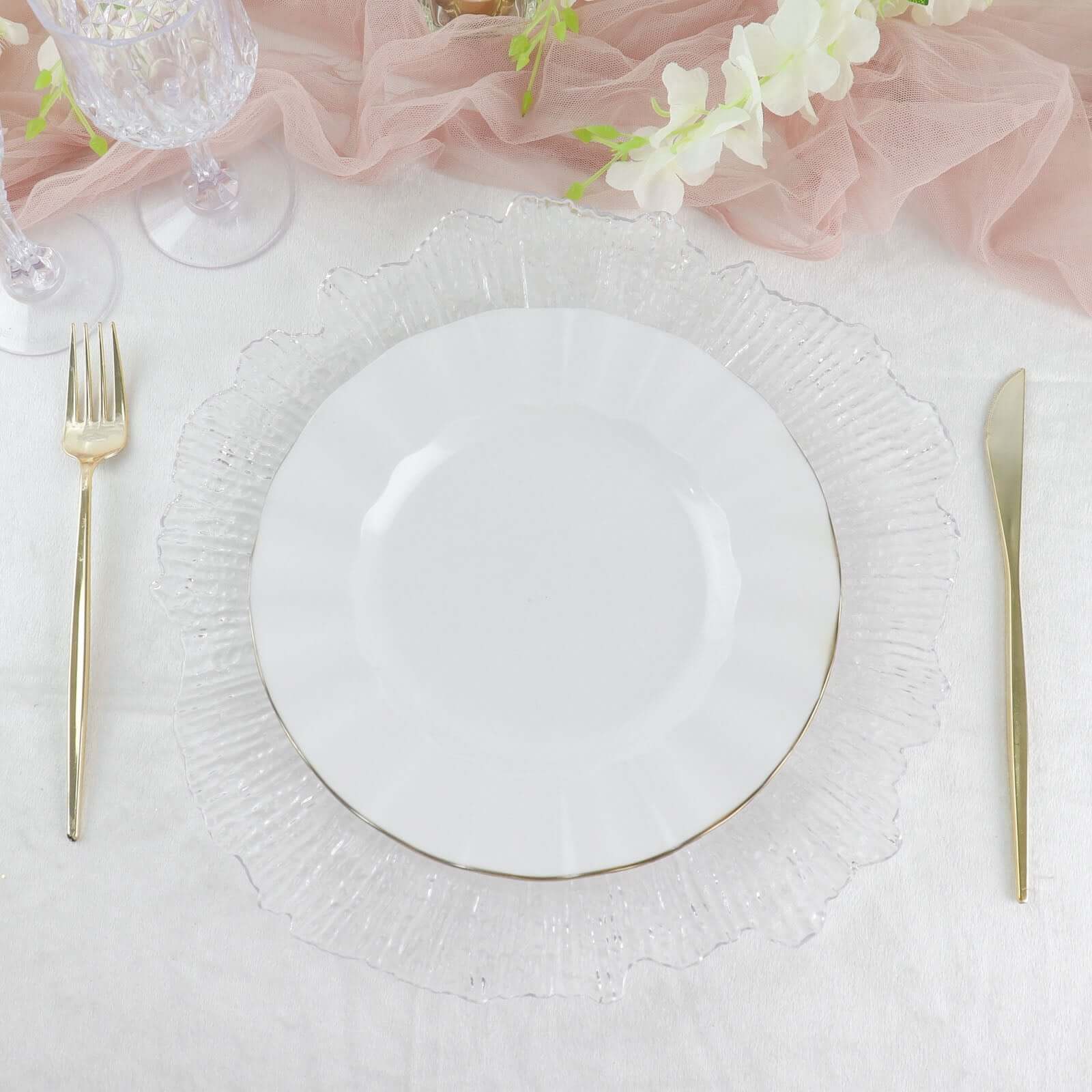 10-Pack Plastic 9" Round Dinner Plates in White Ruffled Rim with Gold Edging - Sturdy Disposable Dinnerware for Classy Events & Banquets