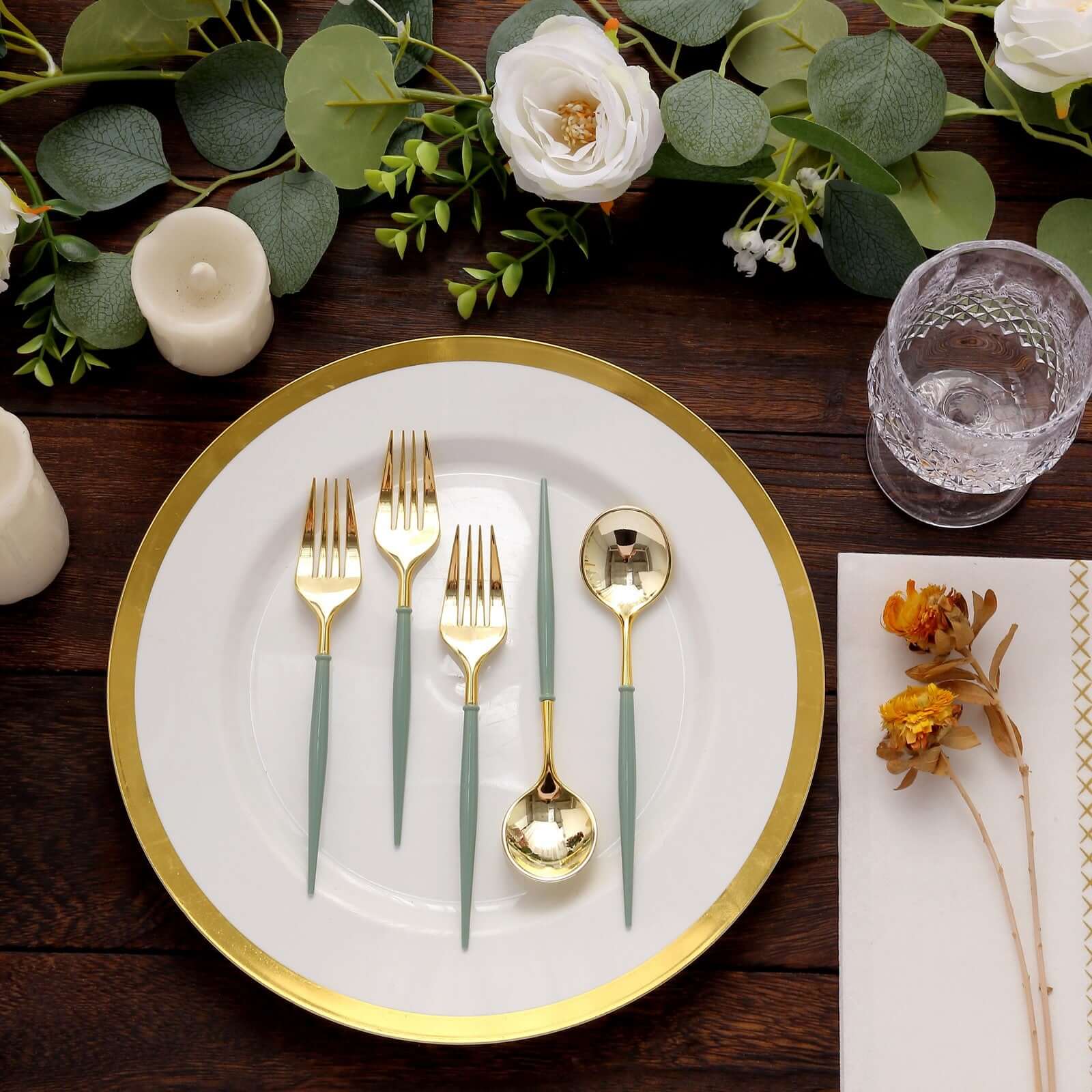 24-Pack Plastic Fork and Spoon Set Metallic Gold/Dusty Sage Green - Heavy Duty Disposable Modern Utensils 6"
