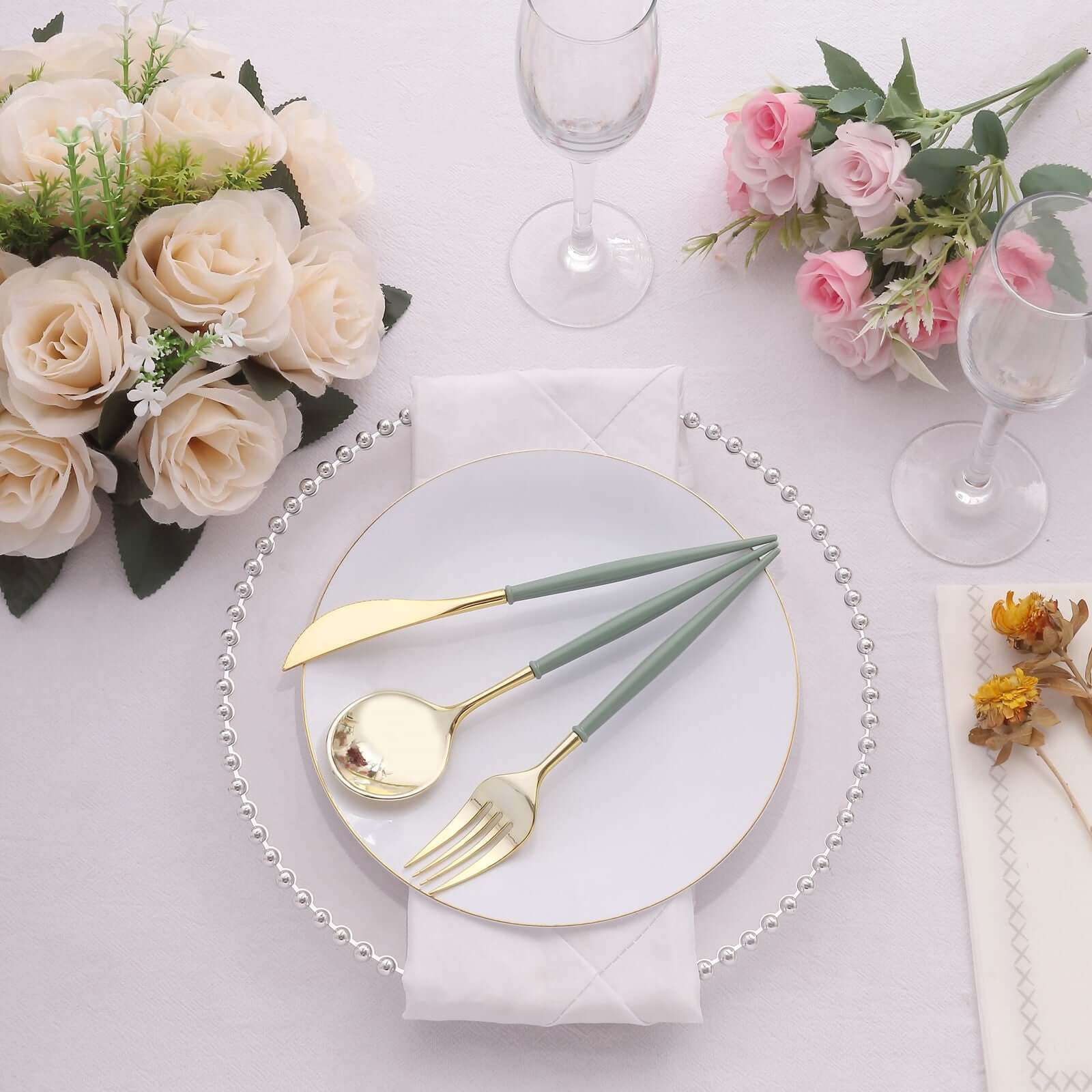 24-Pack Plastic Flatware Set in Metallic Gold with Dusty Sage Green Handle - Heavy Duty Disposable Modern Silverware 8"