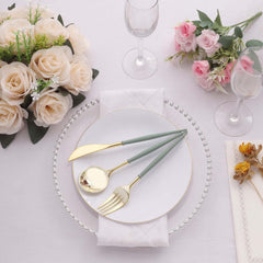 24-Pack Plastic Flatware Set in Metallic Gold with Dusty Sage Green Handle - Heavy Duty Disposable Modern Silverware 8"