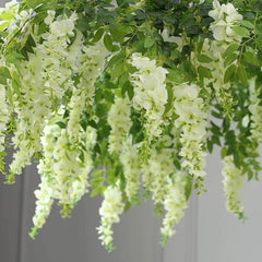 55" Cream Artificial Silk Hanging Wisteria Vine Flower Chandelier, Round Draping Garland Canopy With Interchangeable Branches
