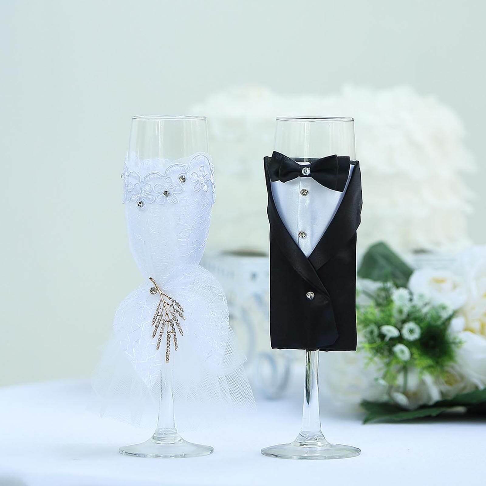 Set of 2 Clear Champagne Flutes with Black Bride and Groom Koozies - Wedding Toast Glasses 9"