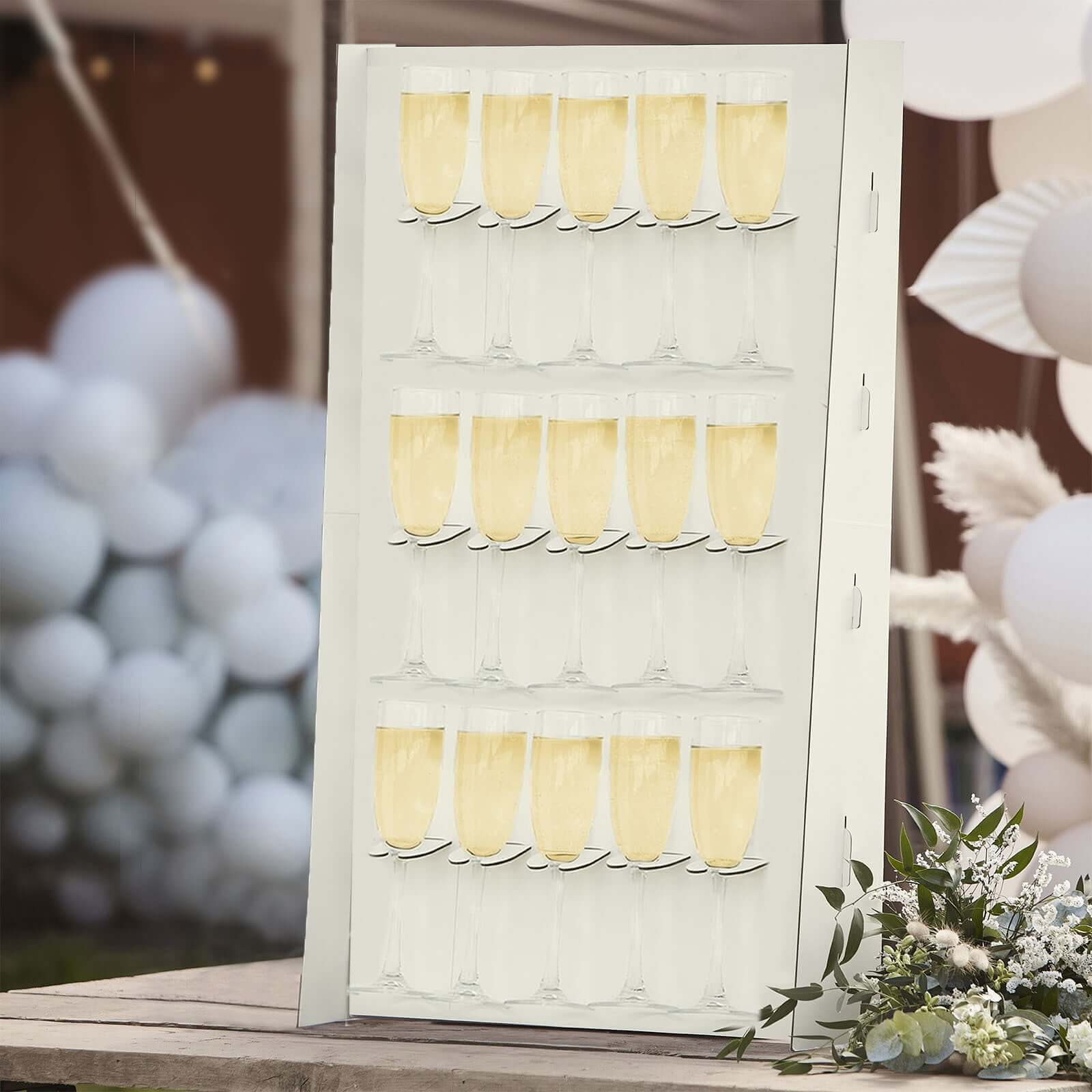 3-Tier Wooden Rectangle Champagne Wall Glass Holder in White - Floor Standing 15 Stemware Rack Cocktail Display Drink Organizer for Rustic Events & Banquets