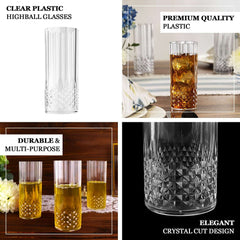 6-Pack Plastic Cocktail Tumblers Purple Transparent Crystal Cut Style - Shatterproof Highball Glasses 14oz