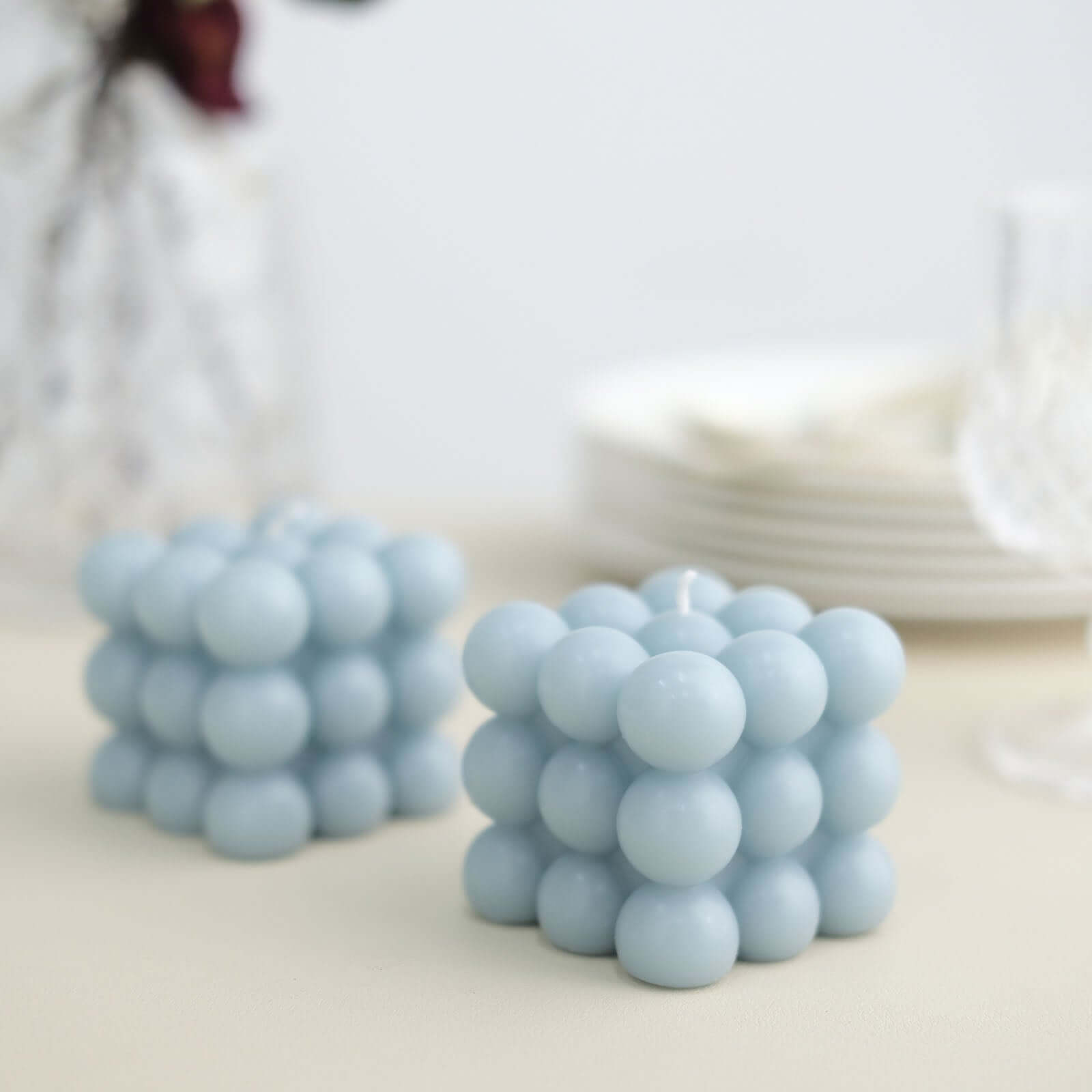 2-Pack Decorative Paraffin Wax Candles Bubble Cube Design Dusty Blue - Unscented Long Burning Pillar Candle Set 2"