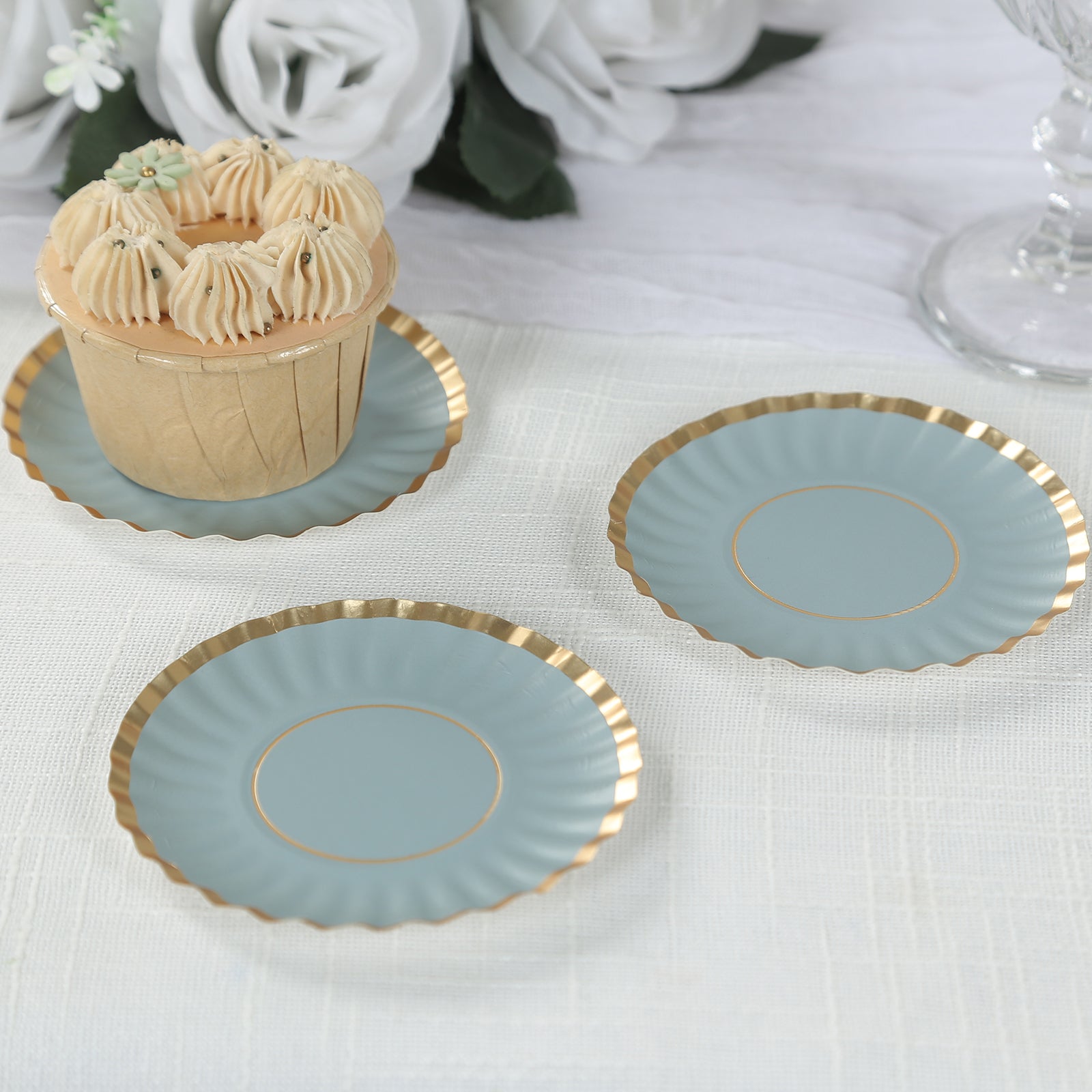 50-Pack Paper 3.5" Round Party Plates in Dusty Blue with Gold Scalloped Rim - Disposable Mini 250GSM Dessert Plates for Tapas, Appetizers & Finger Foods