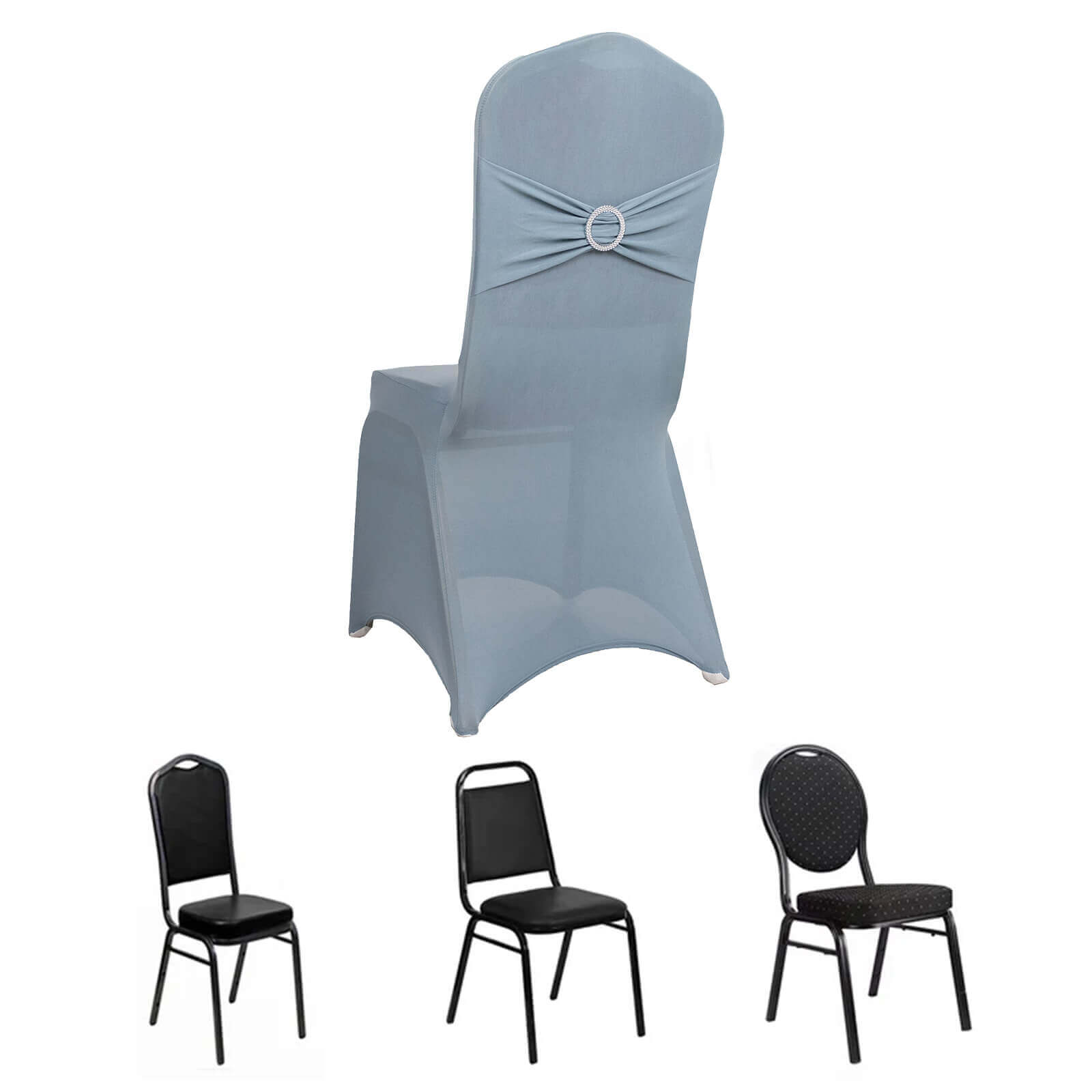 Spandex Chair Cover with Dusty Blue Rhinestone Buckled Sash Band Blush - Stretch Fitted Slipcover