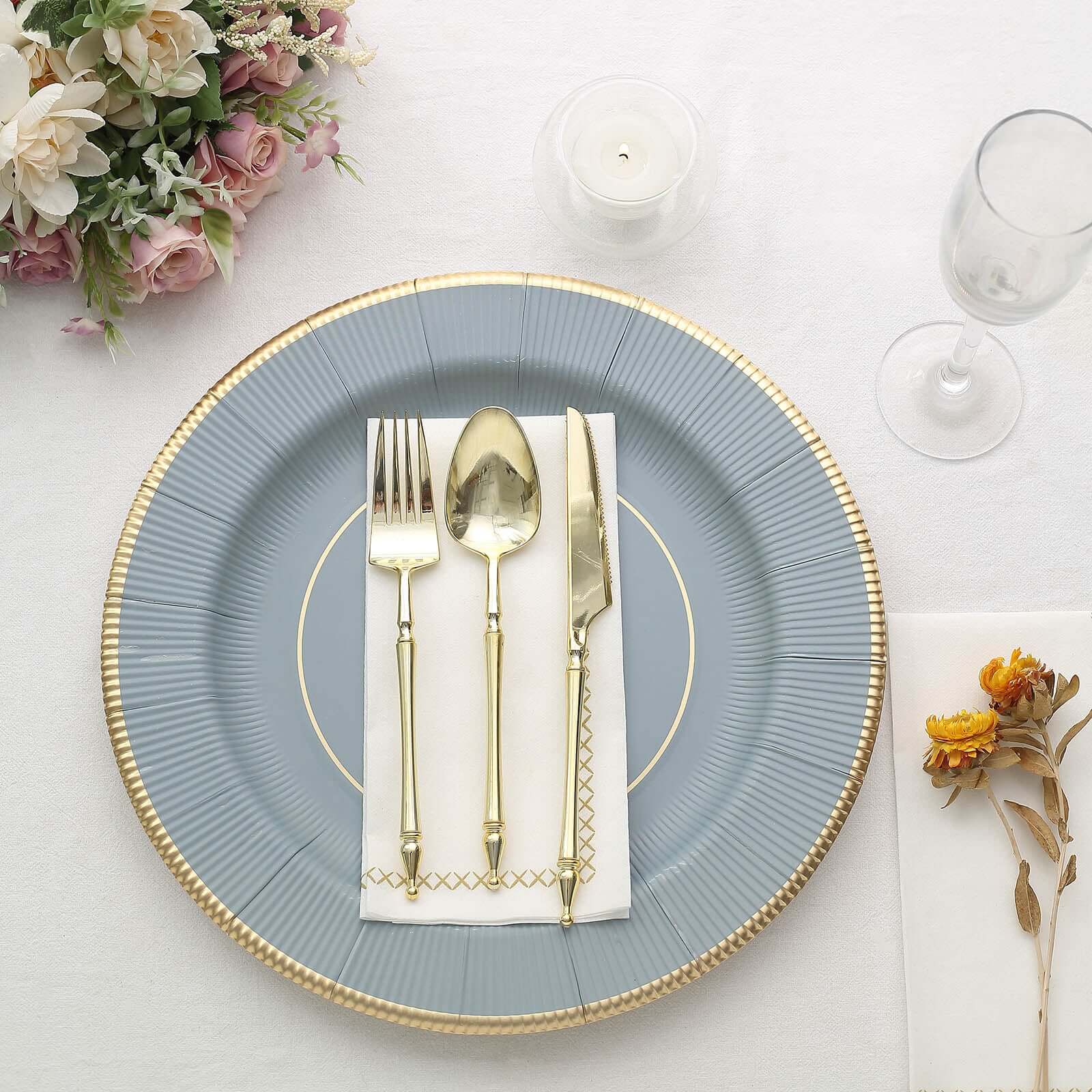 25-Pack Disposable Round Charger Plates in Dusty Blue Sunray Design with Gold Rim - 350GSM Heavy Duty Paper Chargers 13"