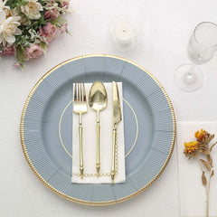 25-Pack Disposable Round Charger Plates in Dusty Blue Sunray Design with Gold Rim - 350GSM Heavy Duty Paper Chargers 13"
