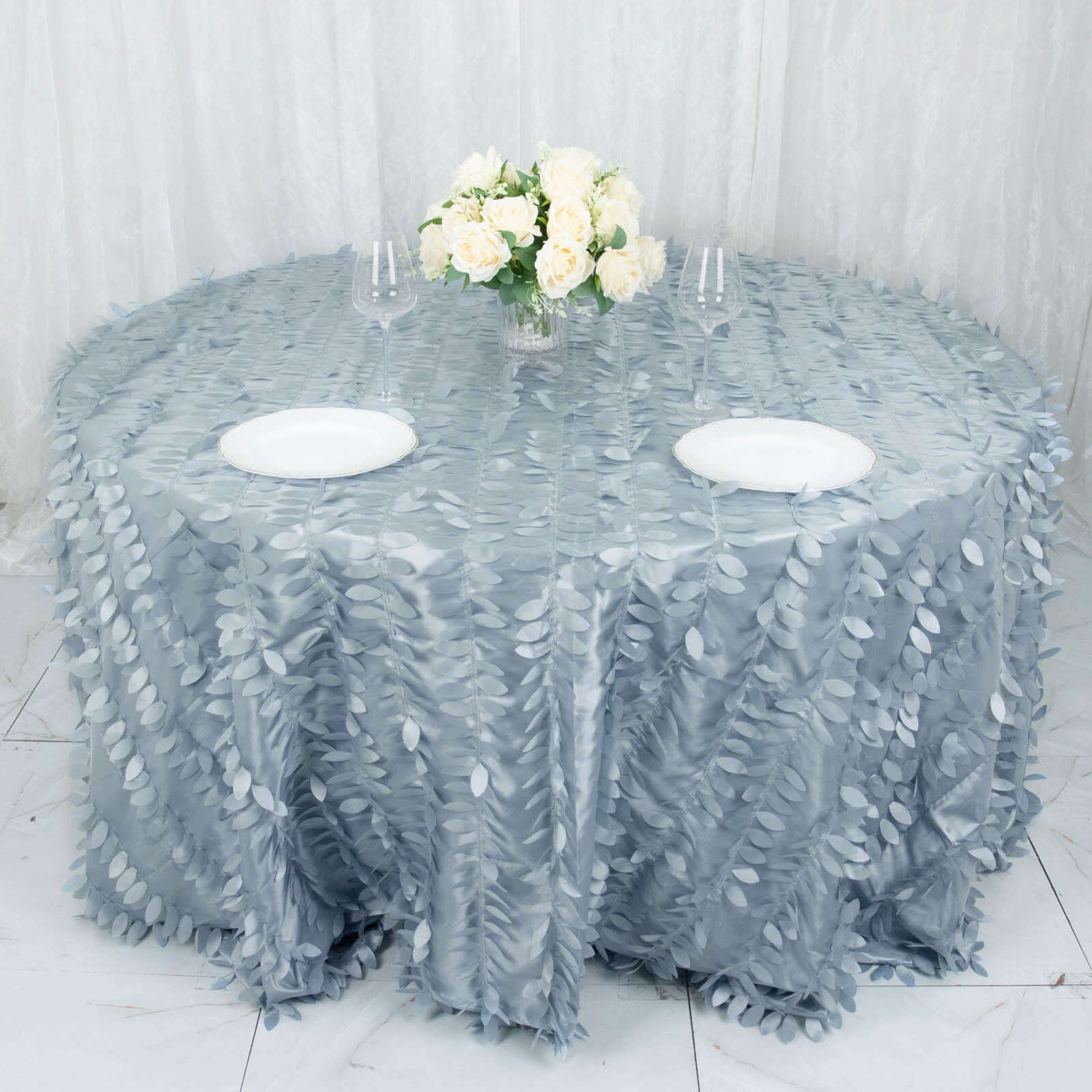 Taffeta 132" Round Tablecloth Dusty Blue | 3D Leaf Petal Design Seamless Table Cover