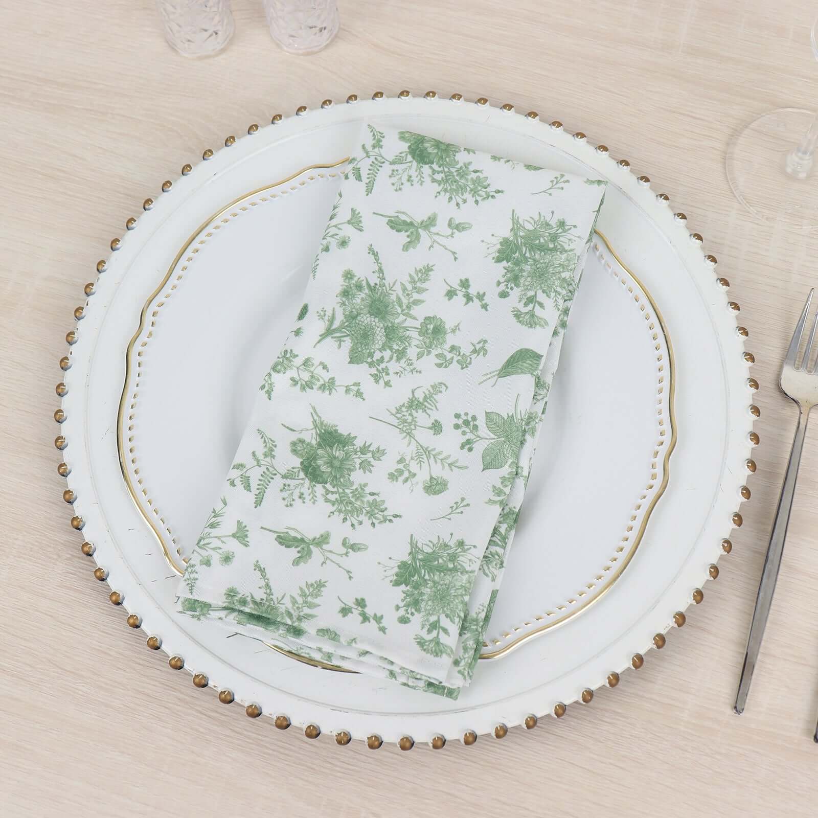 5 Pack Polyester 20"x20" Napkins Dusty Sage Green French Toile Pattern - Stylish Floral Dinner Napkins for Weddings, Events & Parties