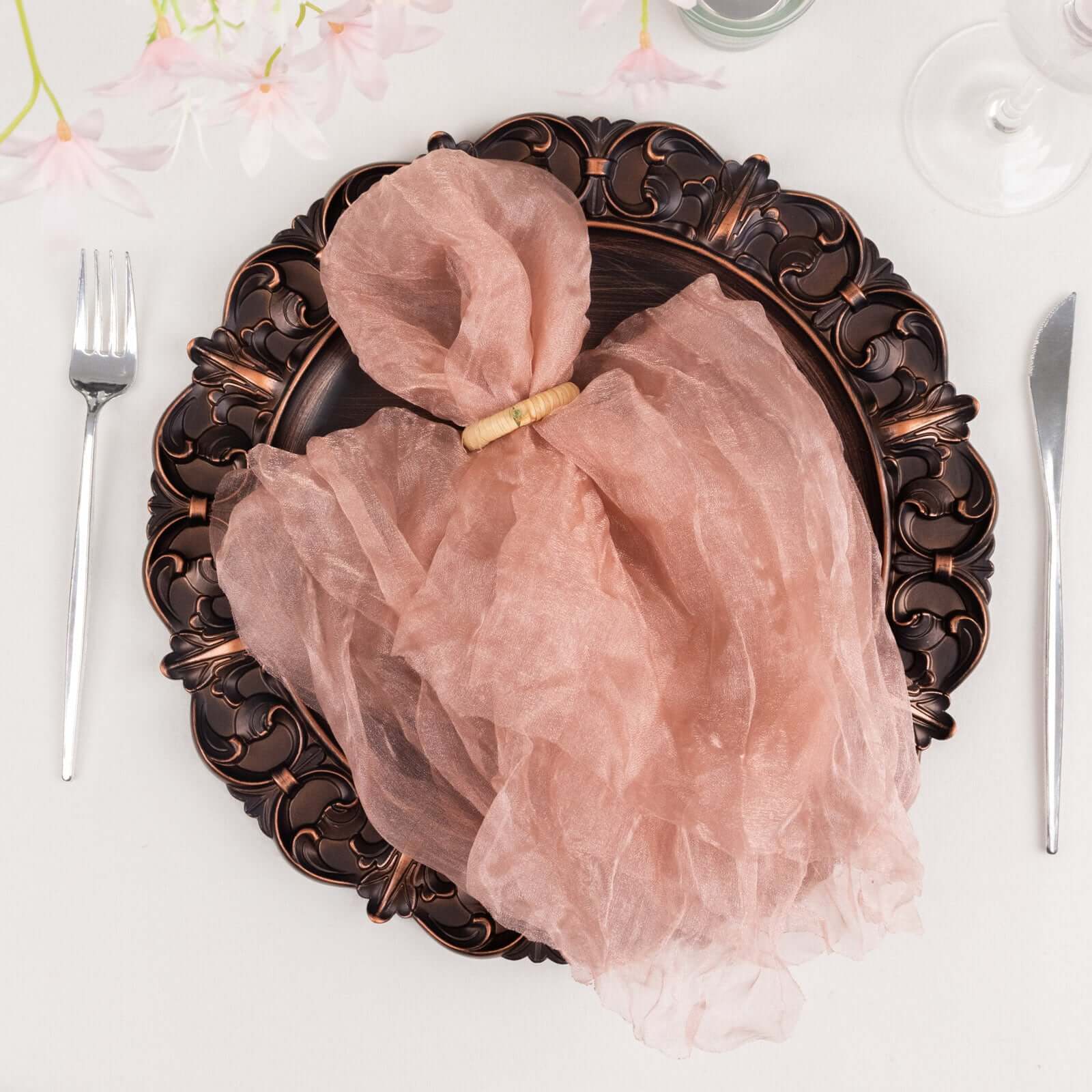 5 Pack Crinkled Organza 21"x21" Napkins Dusty Rose - Rustic Style Dinner & Party Napkins