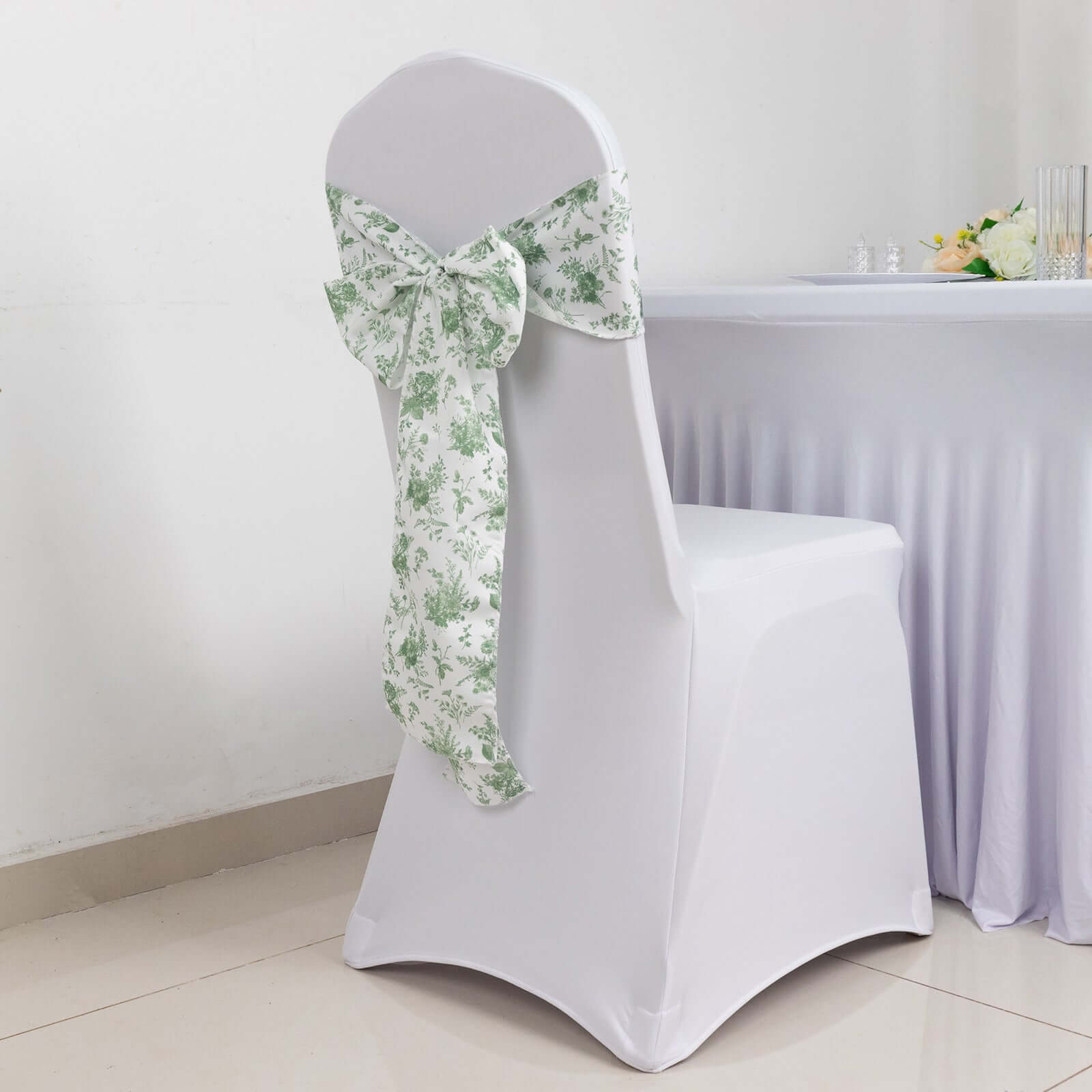 5 Pack Polyester Chair Sashes Dusty Sage Green French Toile Floral Design - Stylish Durable and Reusable Chair Bows 6"x108"